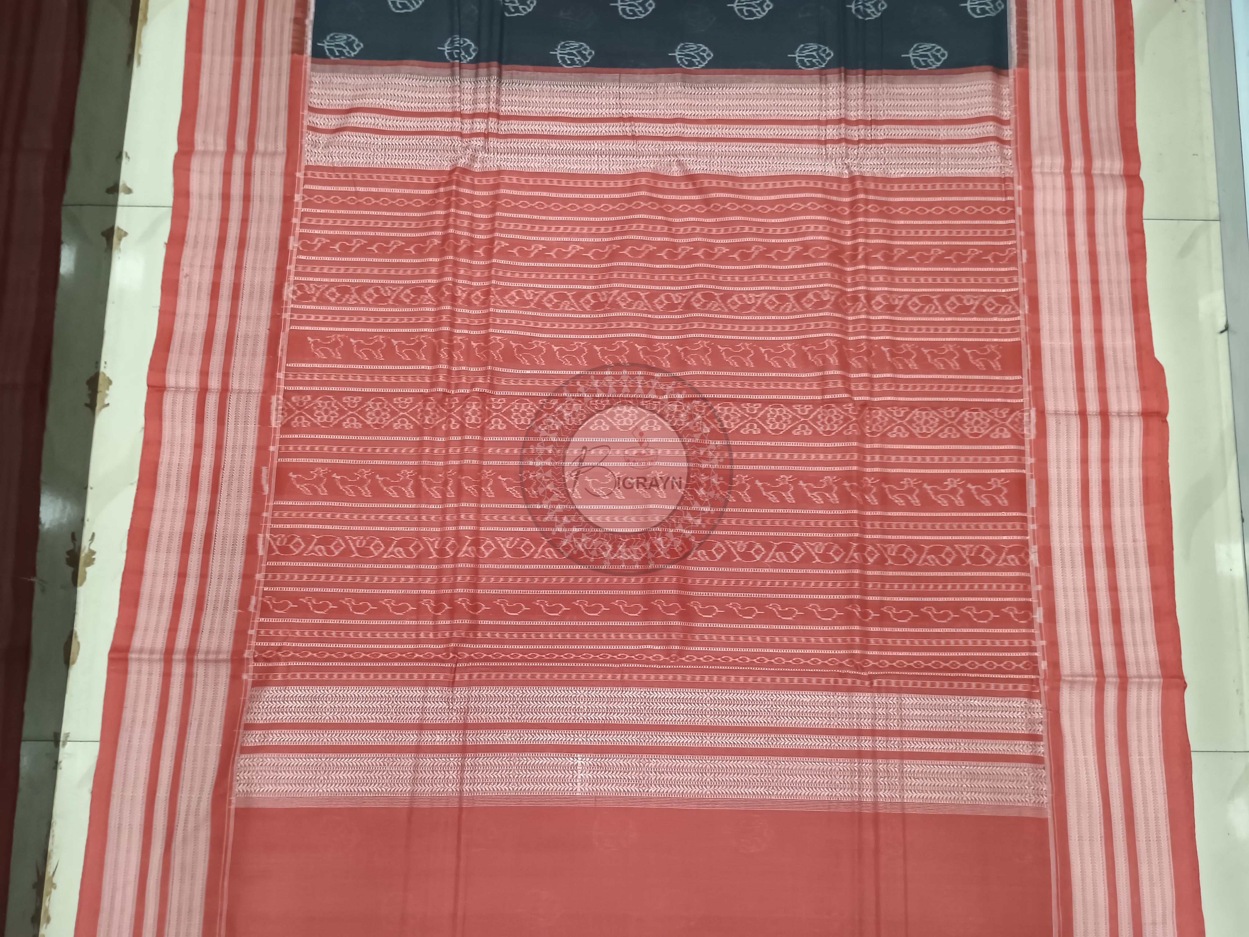 Black Maroon Leaf Design Natural Dye Cotton Saree