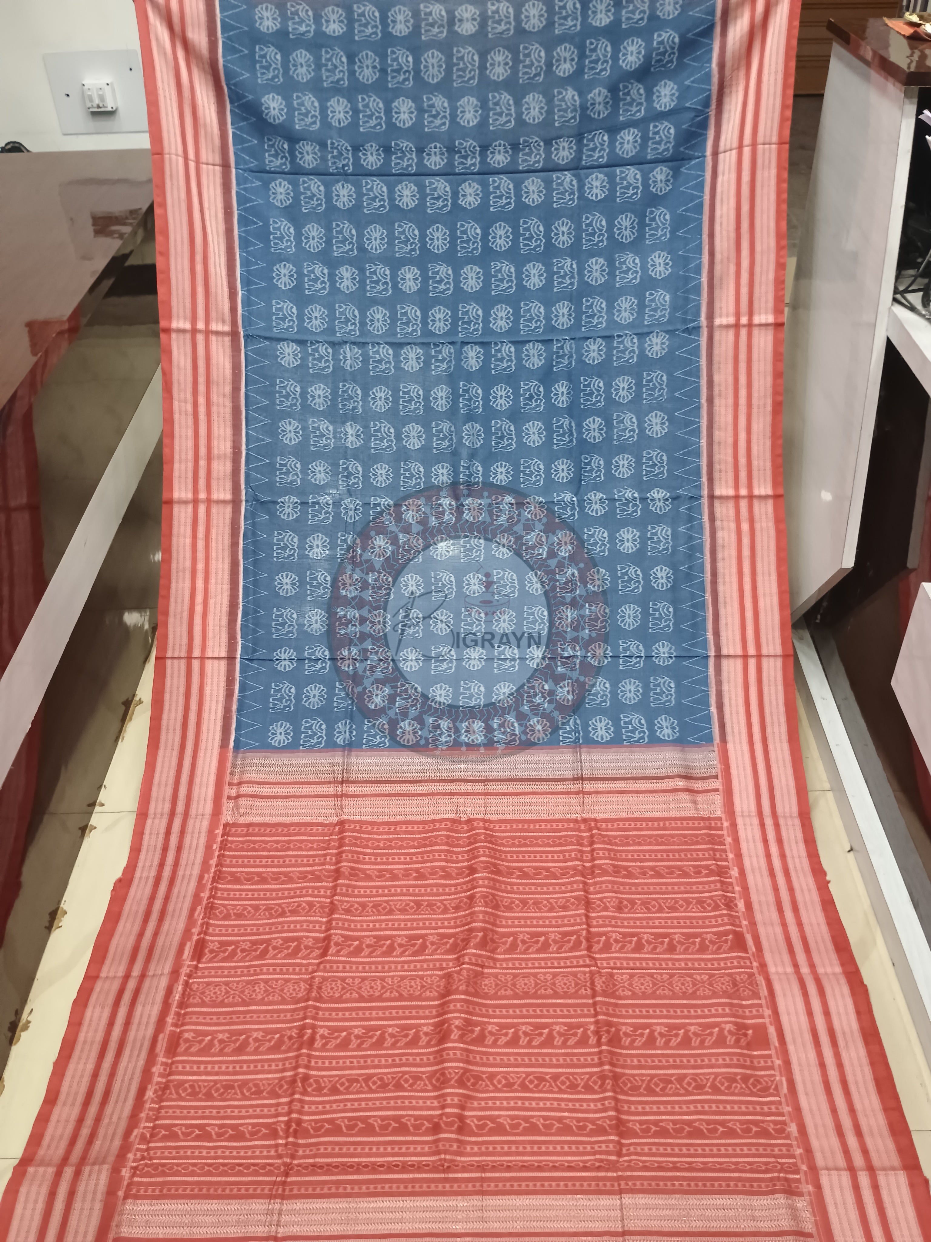 Indigo Blue Maroon Flower Elephant Design Natural Dye Cotton Saree