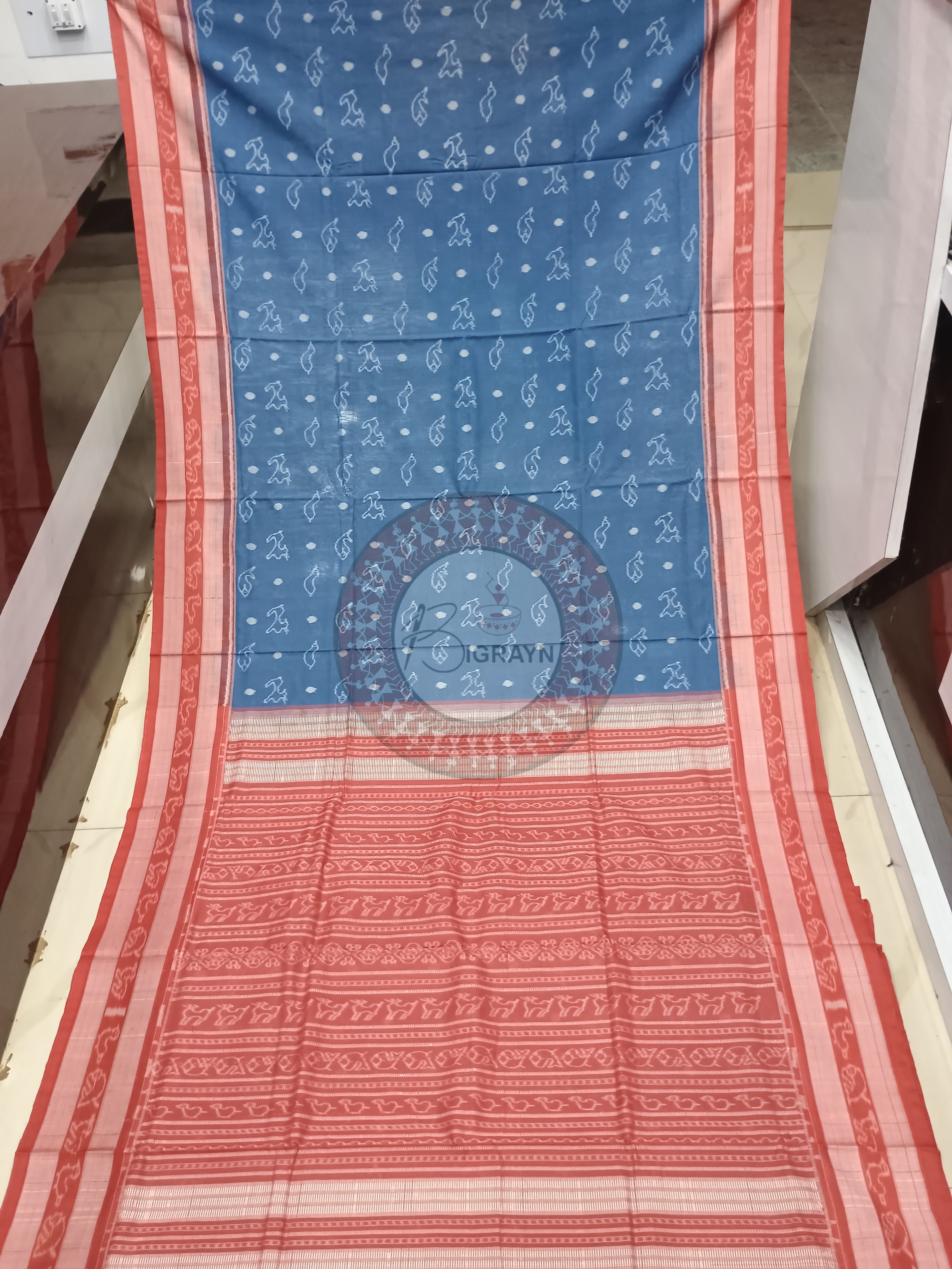 Indigo Blue Maroon Animal Design Natural Dye Cotton Saree