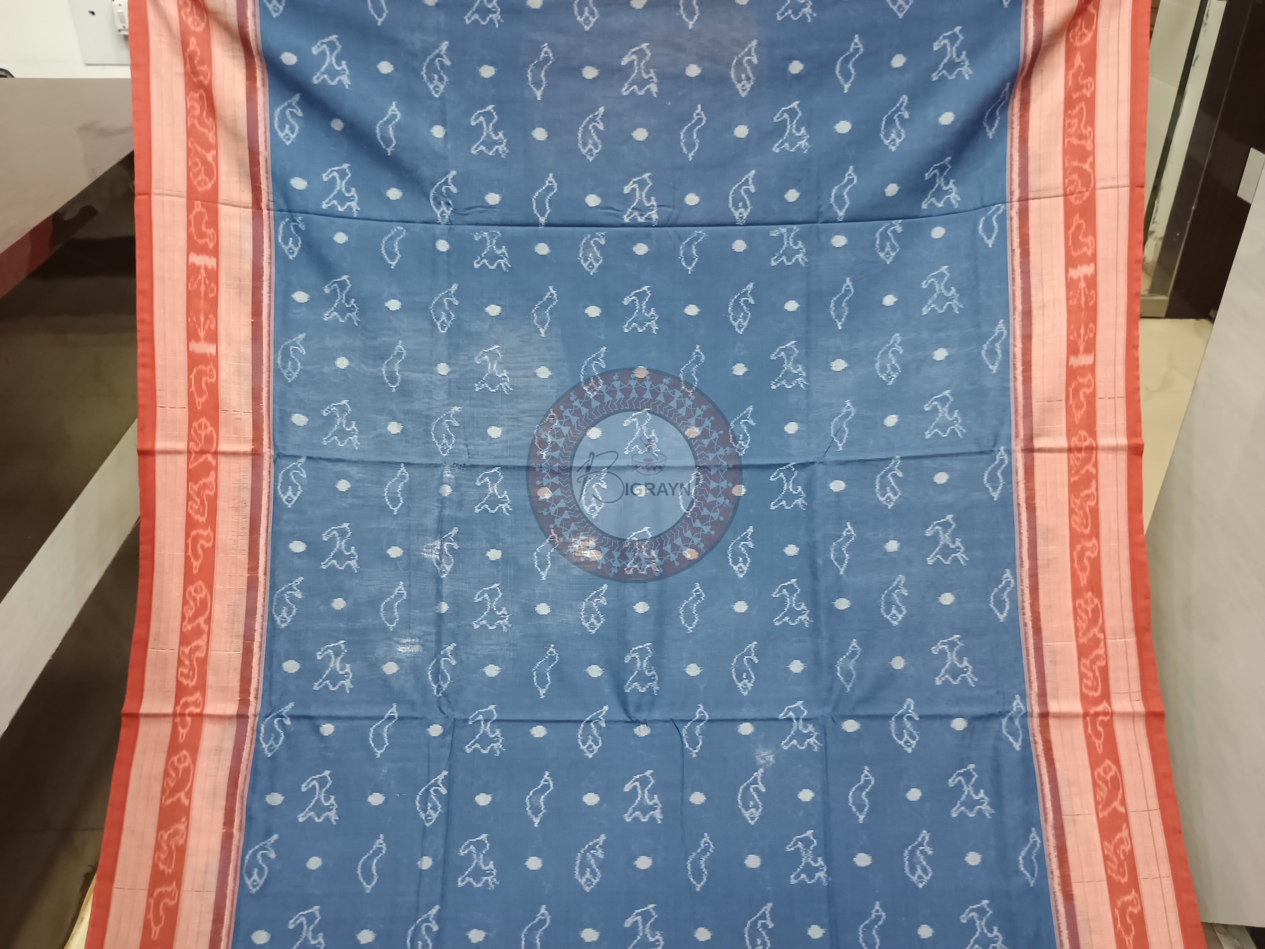 Indigo Blue Maroon Animal Design Natural Dye Cotton Saree