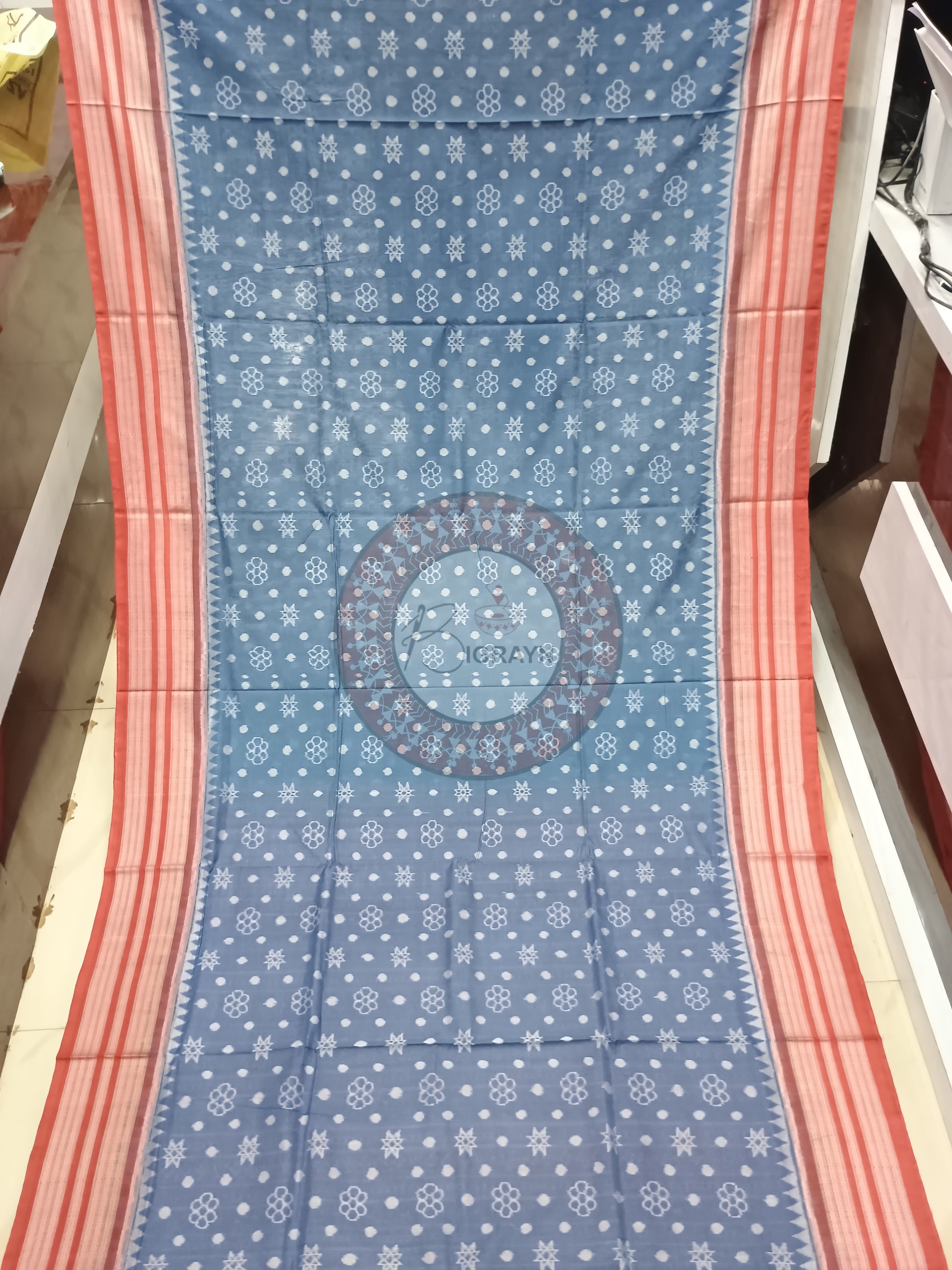 Indigo Blue Maroon Star Flower Design Natural Dye Cotton Saree