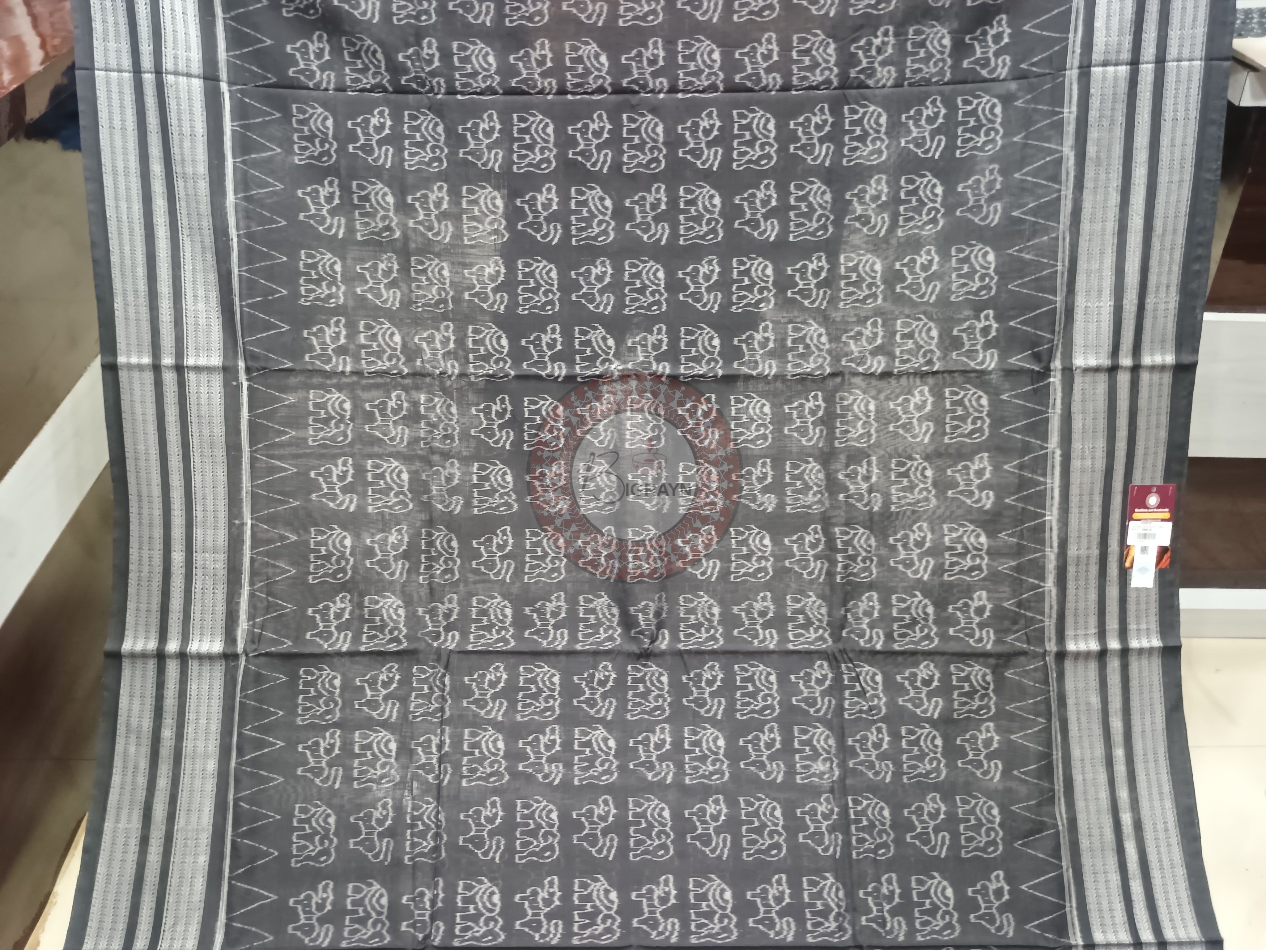 Black White Animal Design Natural Dye Cotton Saree