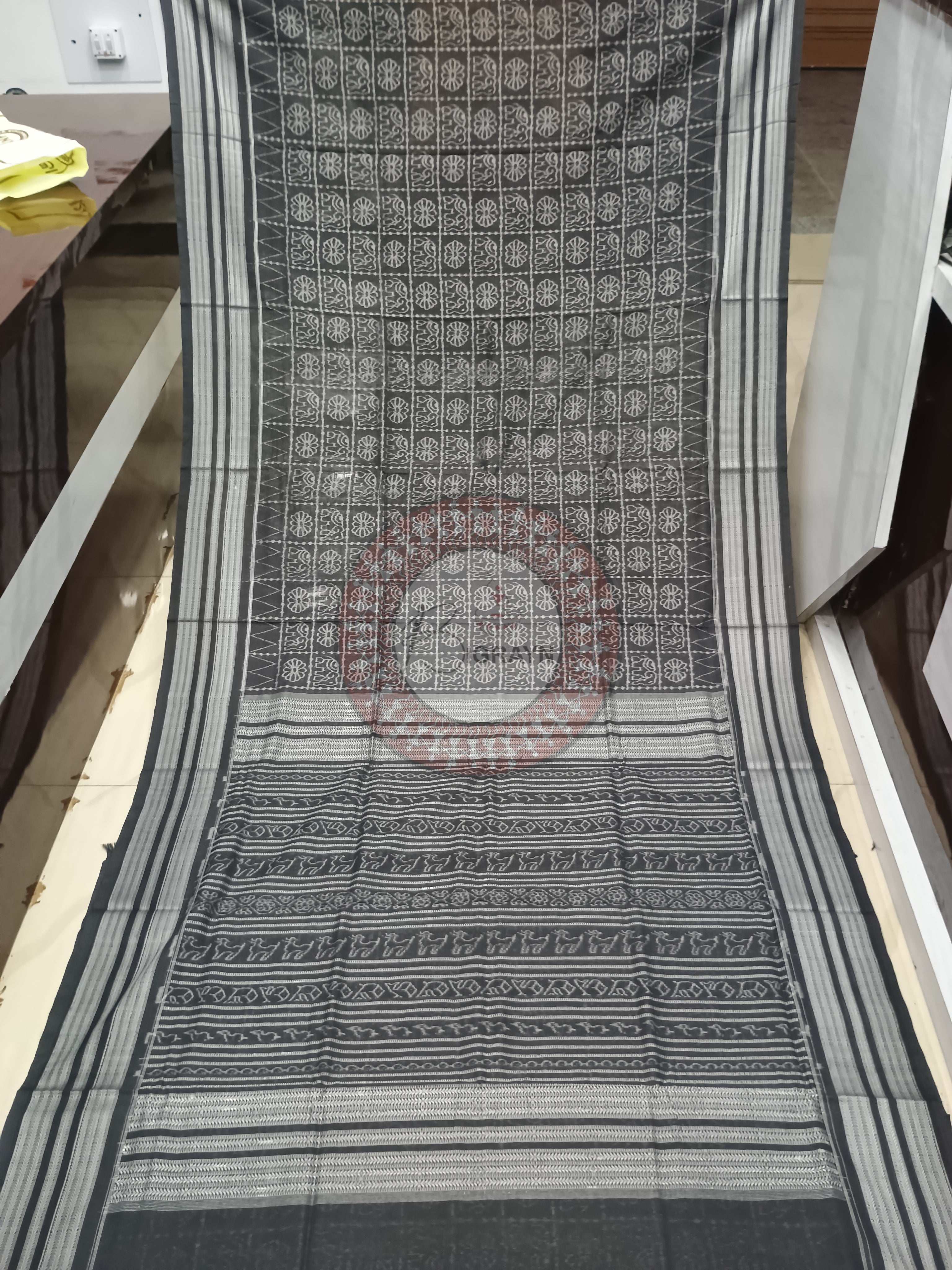 Black White Flower Elephant Design Natural Dye Cotton Saree