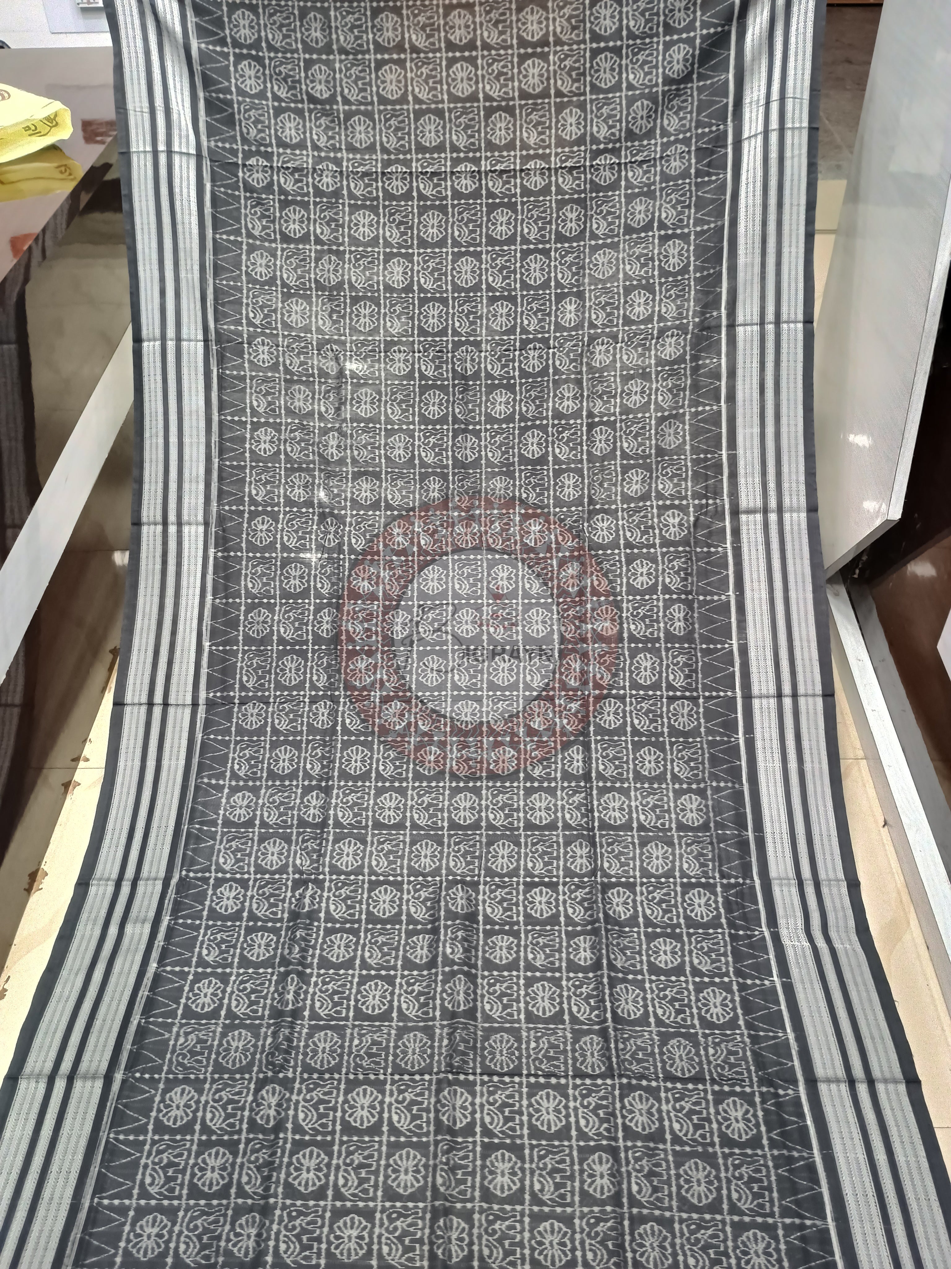 Black White Flower Elephant Design Natural Dye Cotton Saree