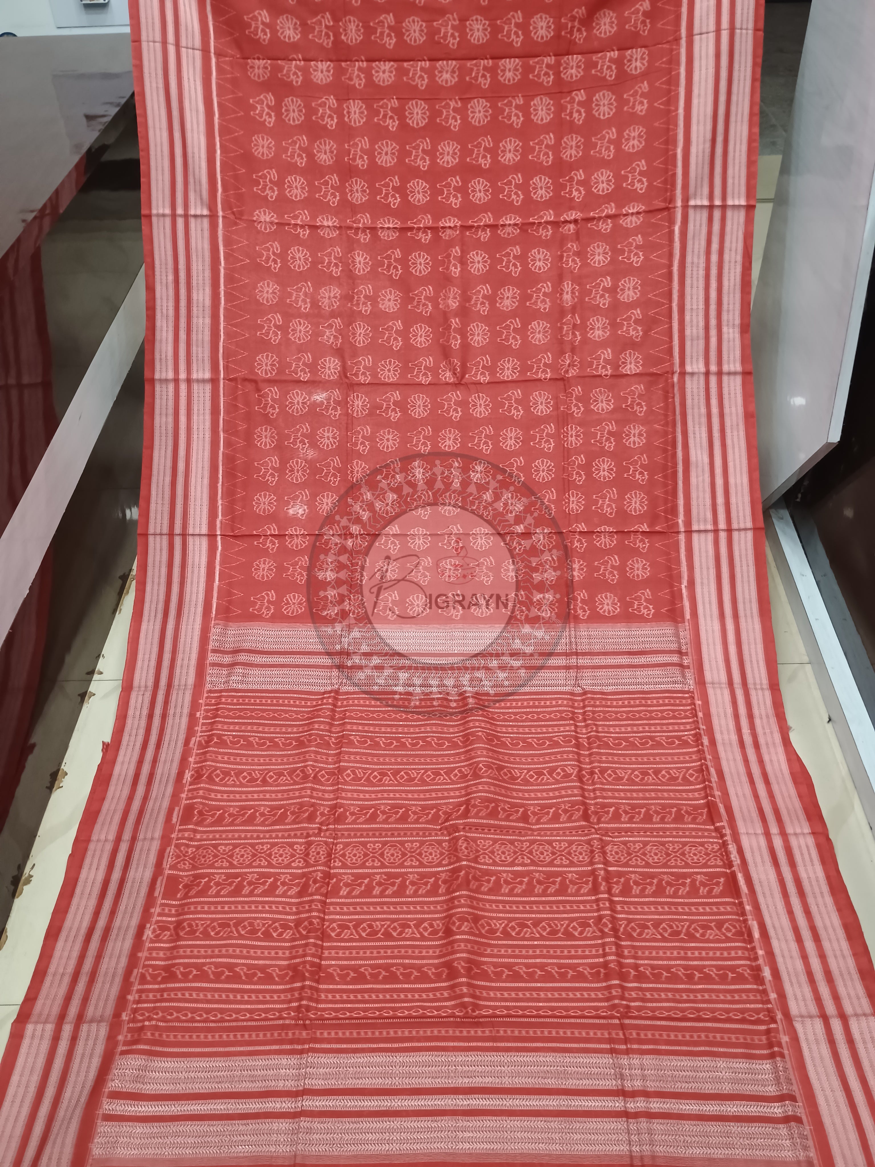 Carmine Red Flower Horse Design Natural Dye Cotton Saree