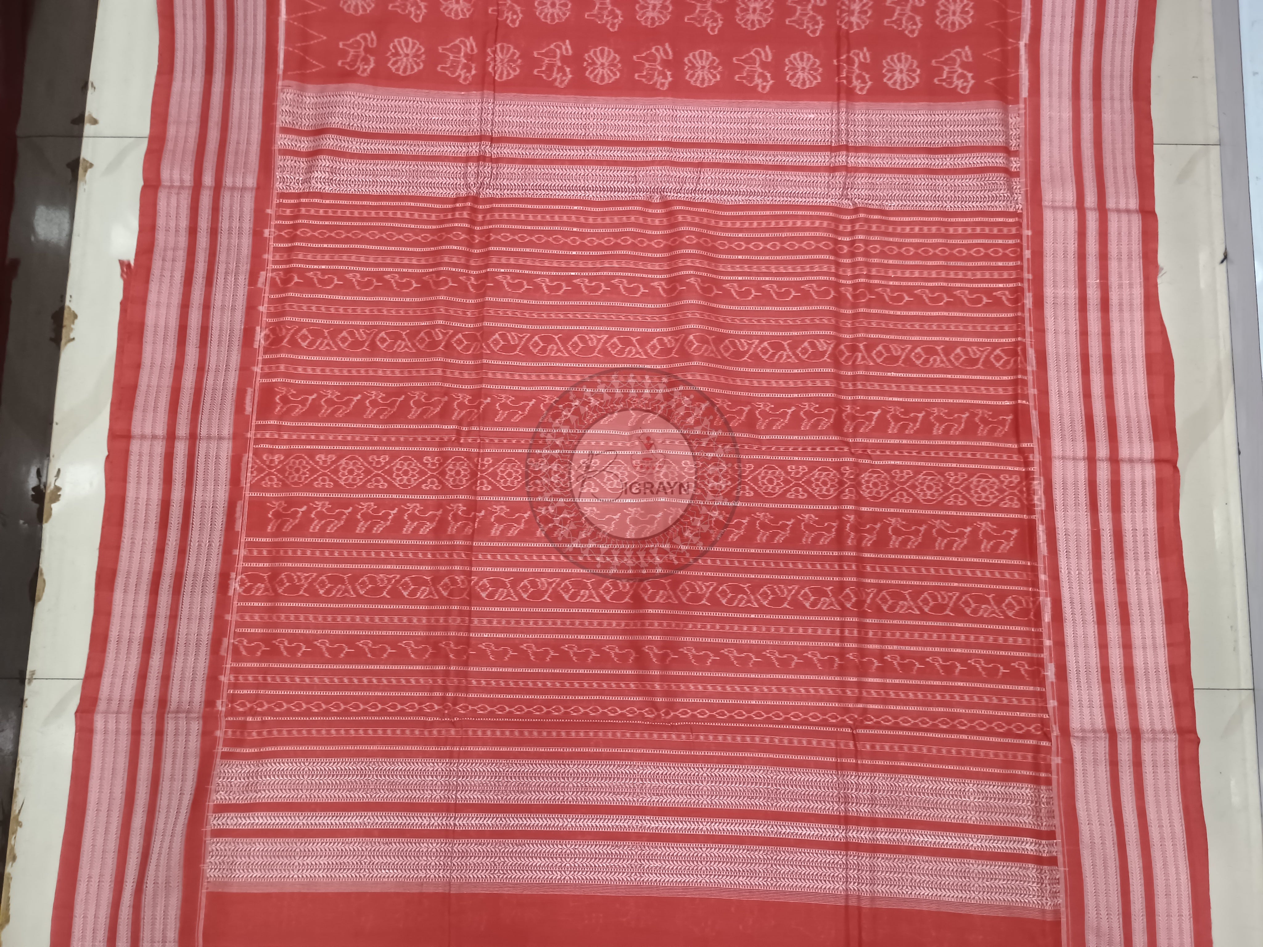 Carmine Red Flower Horse Design Natural Dye Cotton Saree