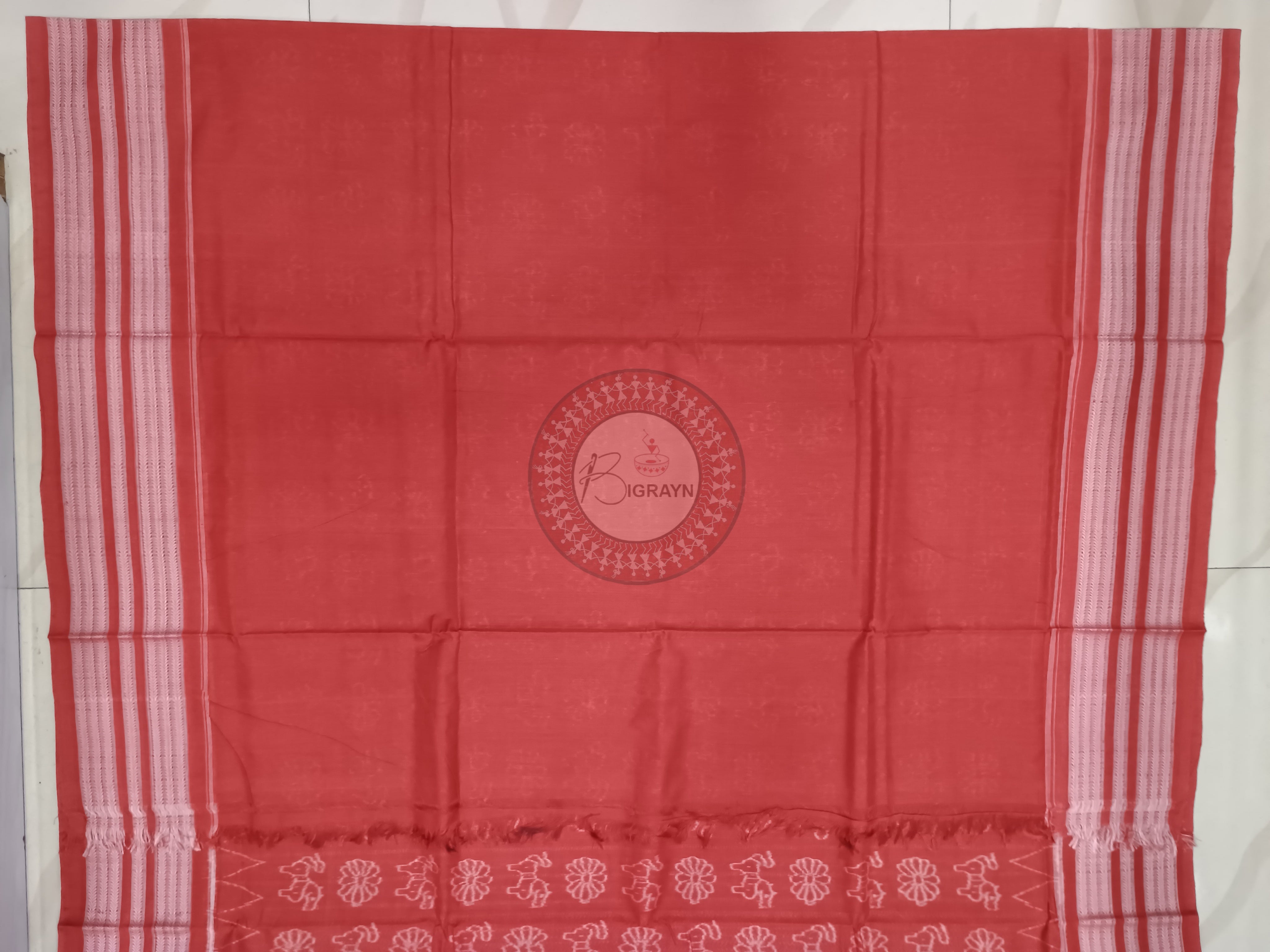Carmine Red Flower Horse Design Natural Dye Cotton Saree