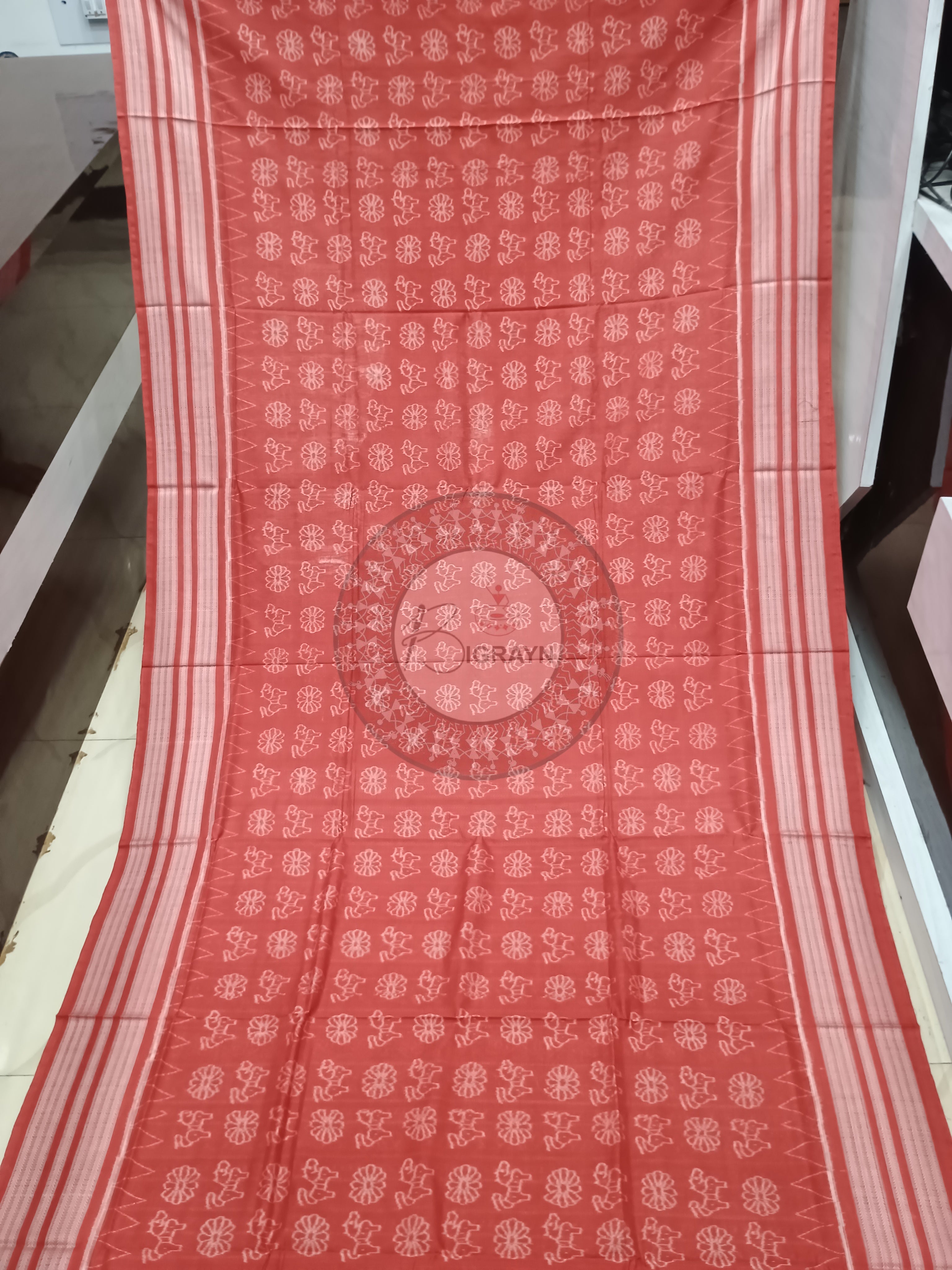 Carmine Red Flower Horse Design Natural Dye Cotton Saree
