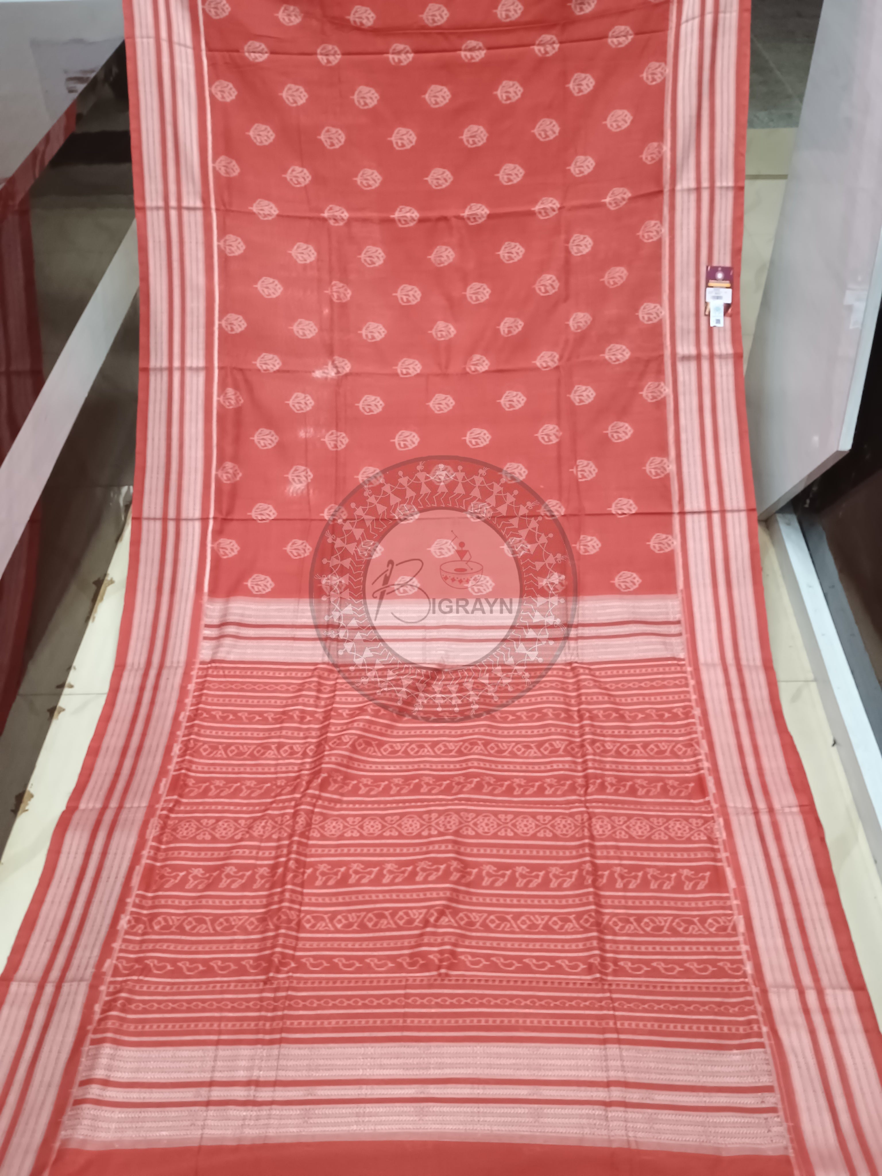 Carmine Red Leaf Design Natural Dye Cotton Saree