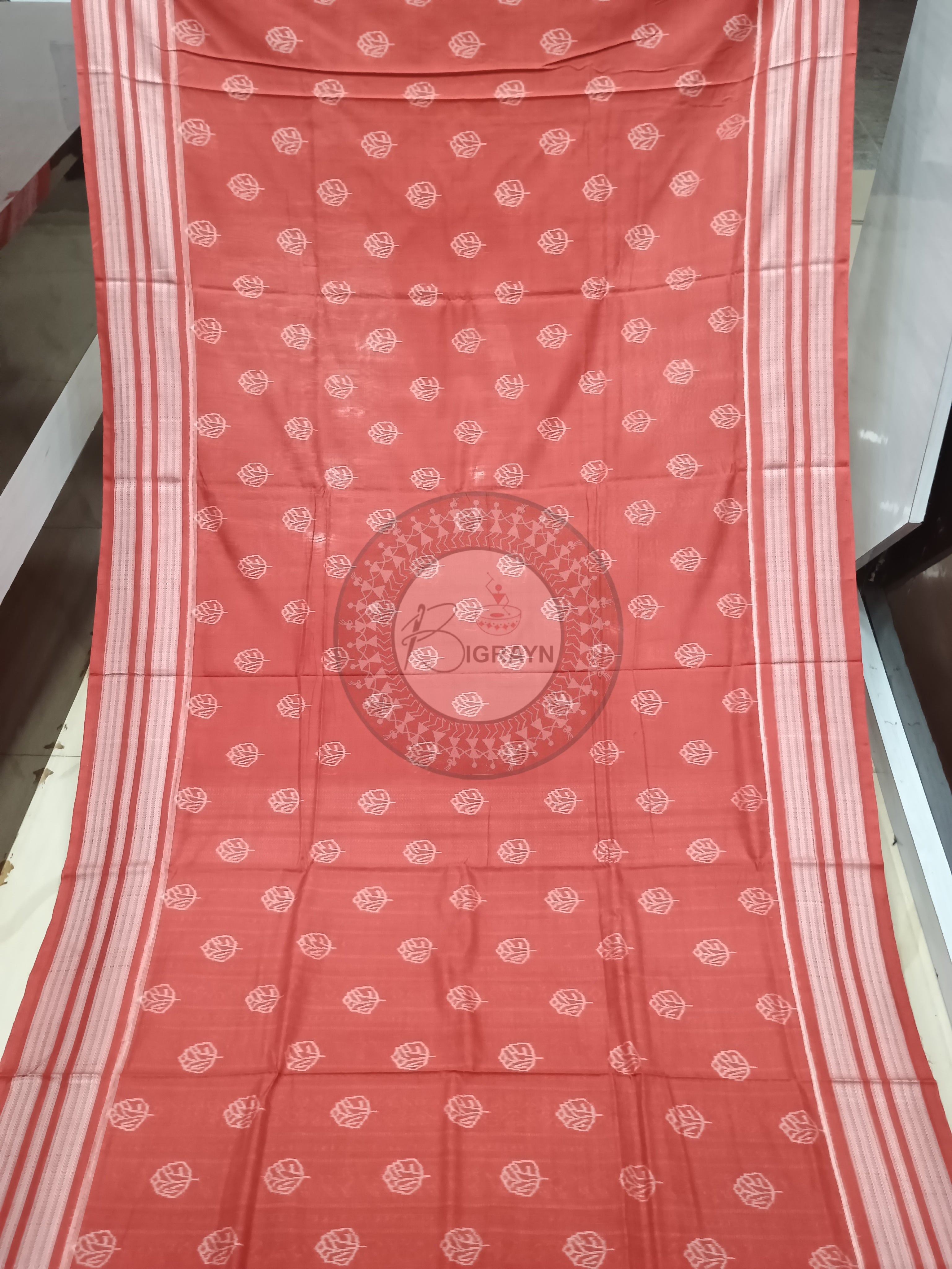 Carmine Red Leaf Design Natural Dye Cotton Saree
