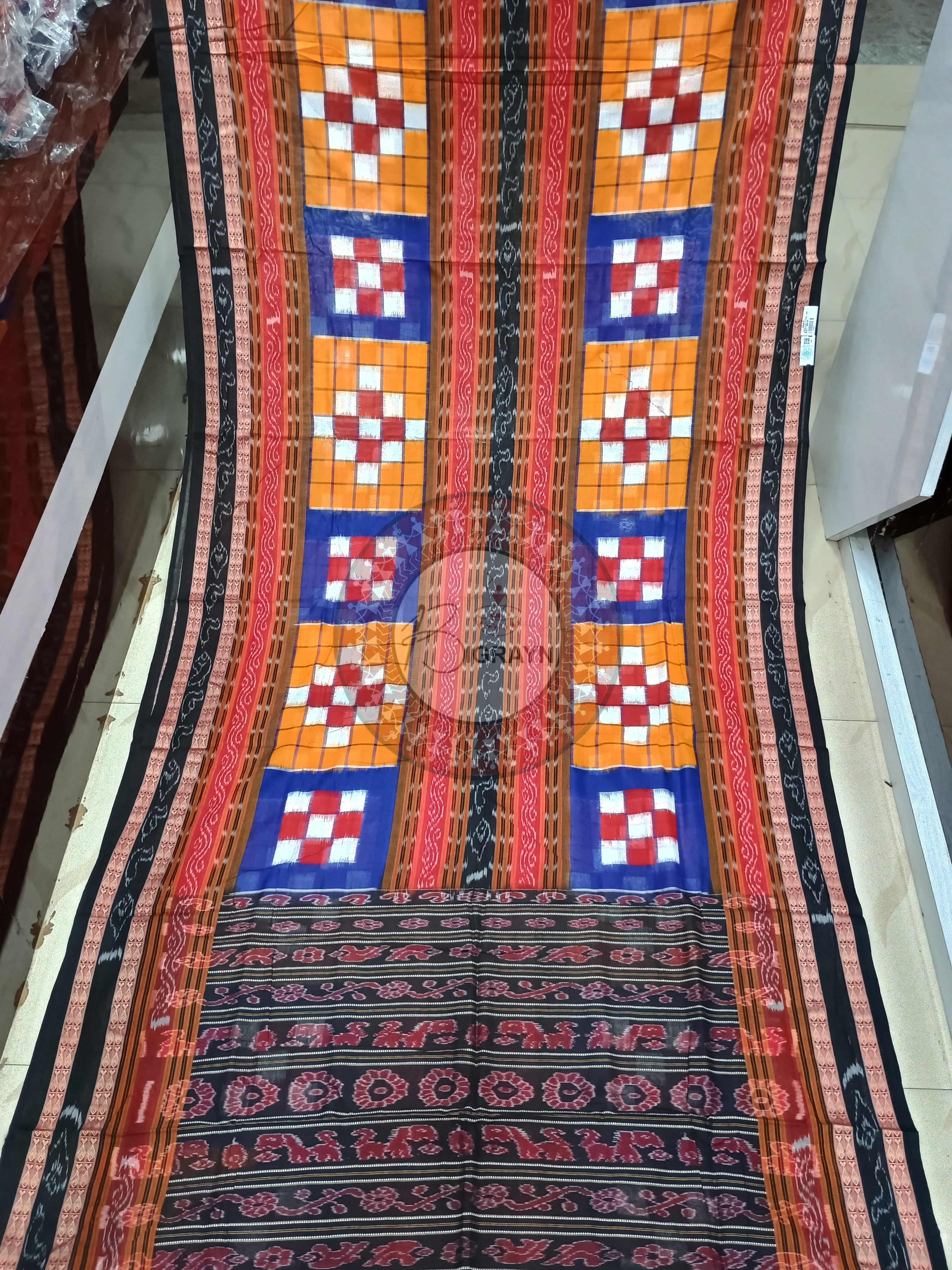 Yellow Black Blue Bichitrapuri Sambalpuri Cotton Saree
