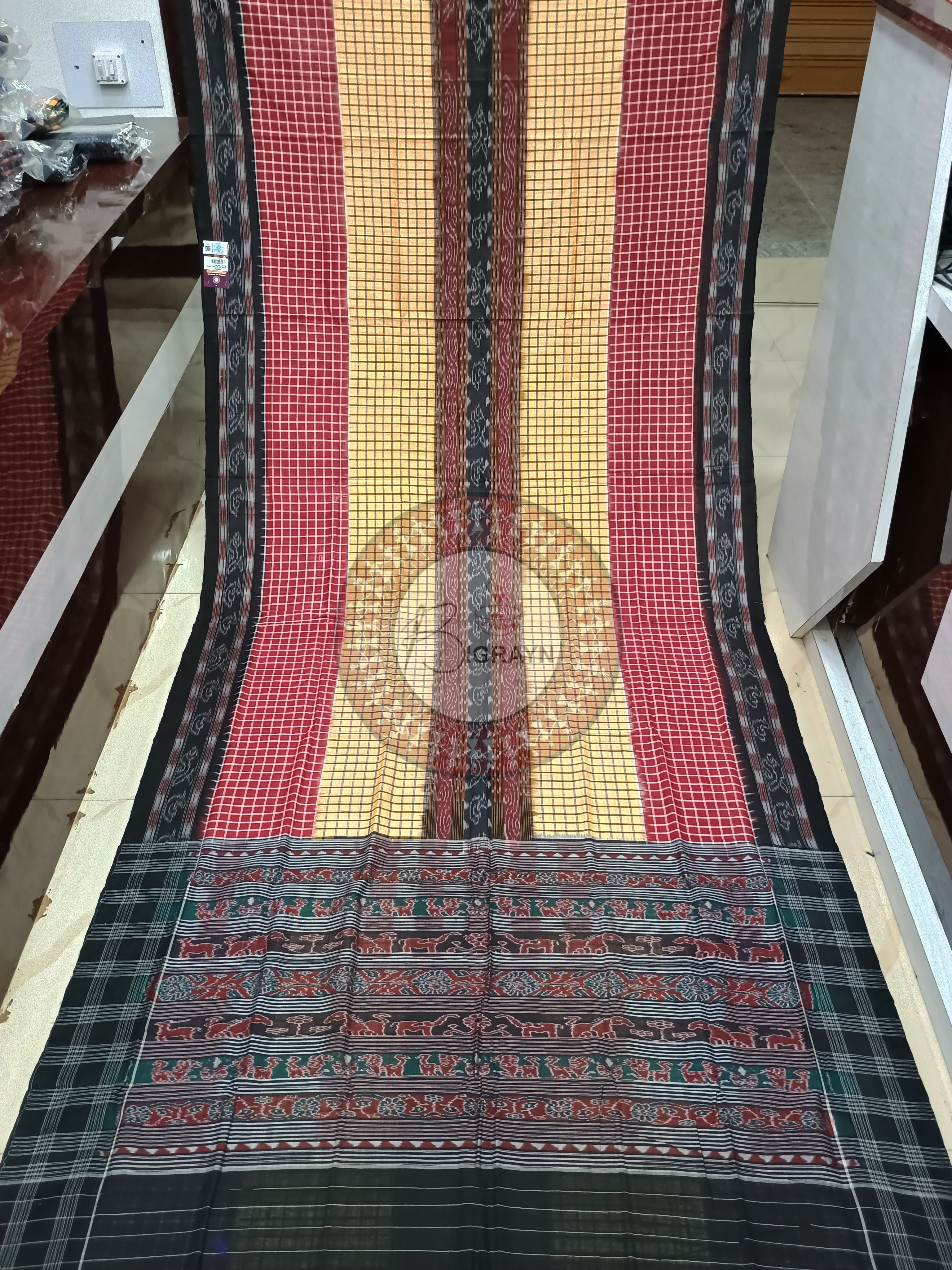 Yellow-Maroon-Black checkered pattern Sambalpuri Cotton Saree