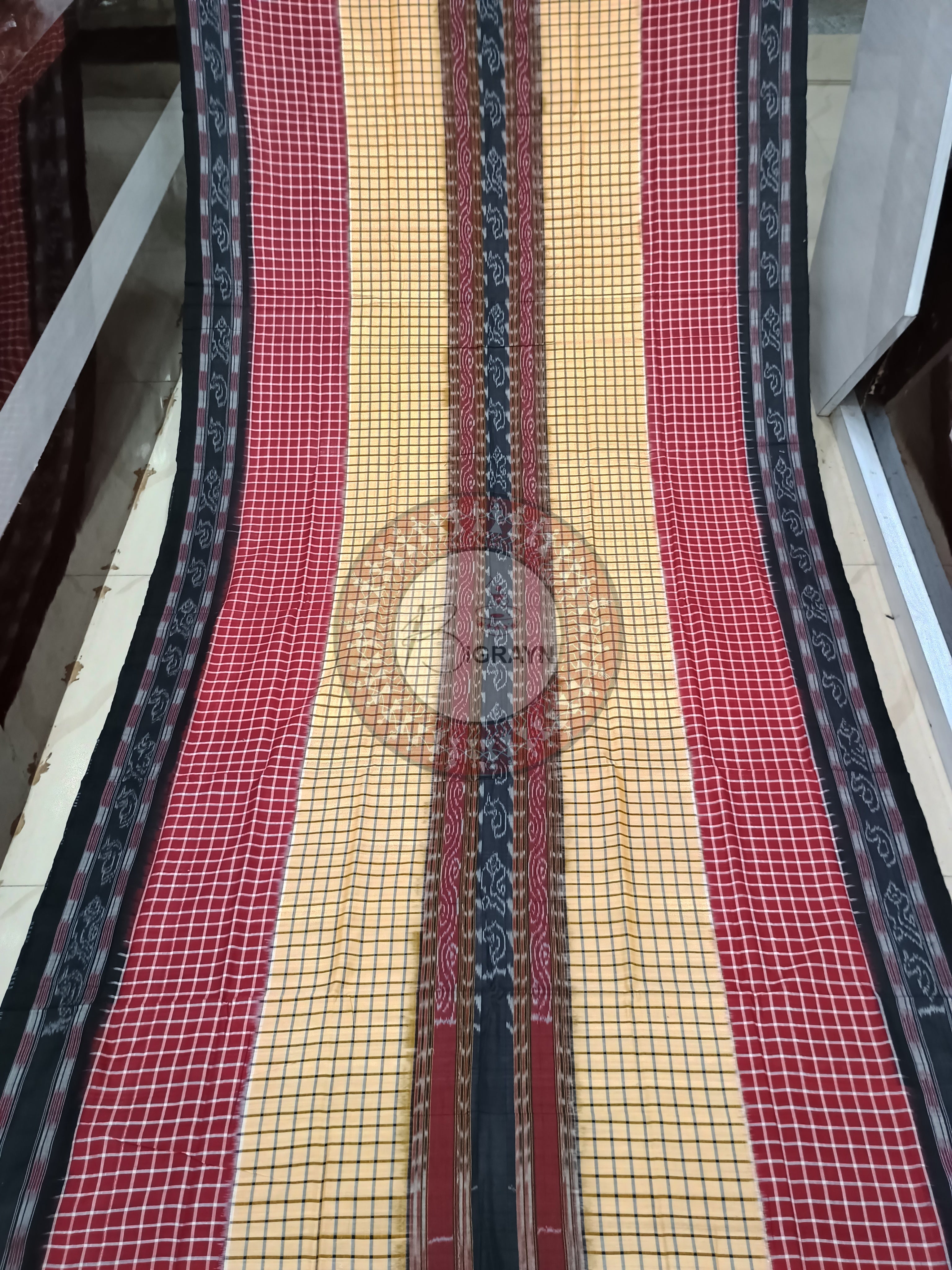 Yellow-Maroon-Black checkered pattern Sambalpuri Cotton Saree