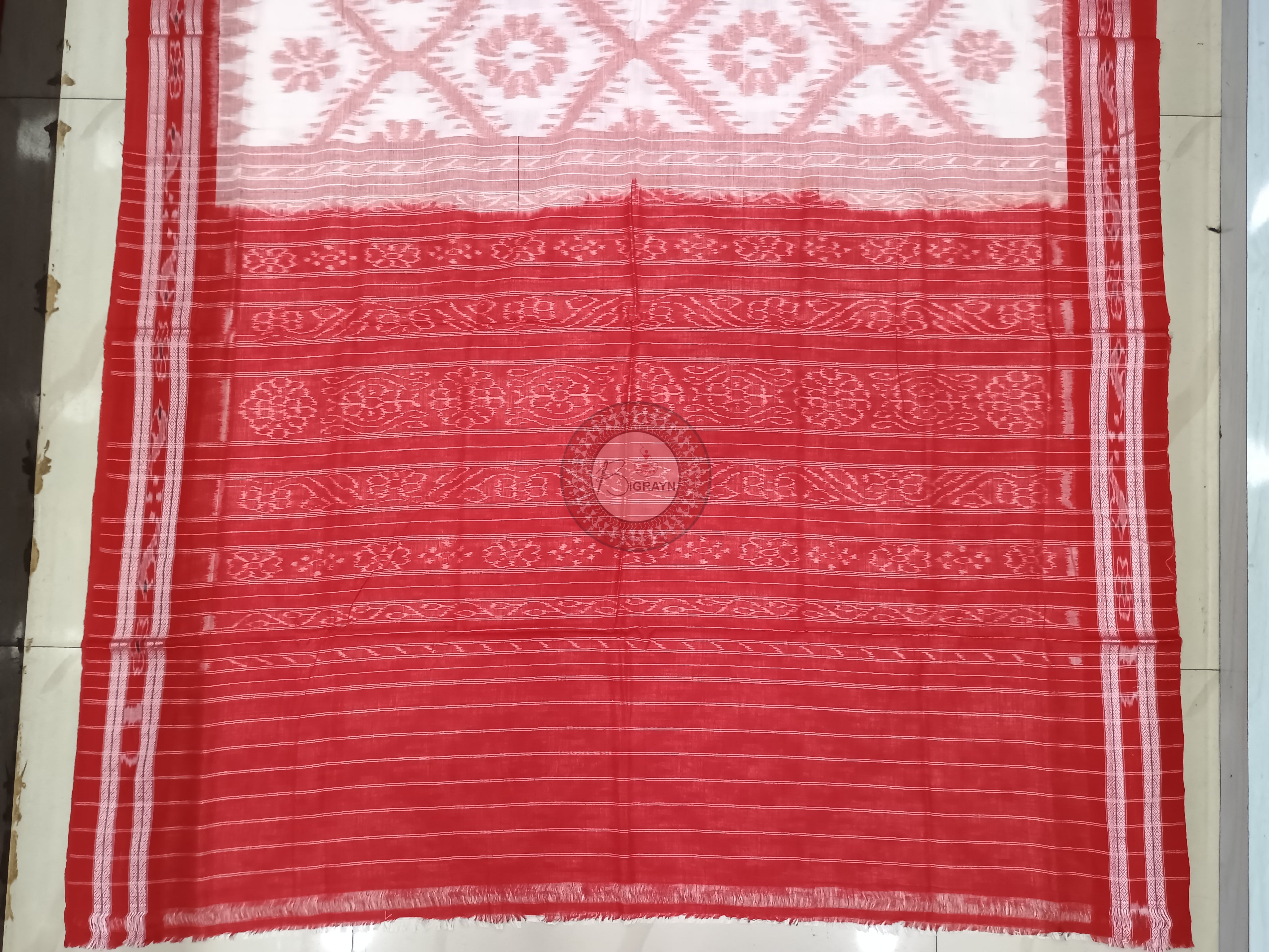 White Red Flower Design Odisha Handloom Sambalpuri Cotton Saree