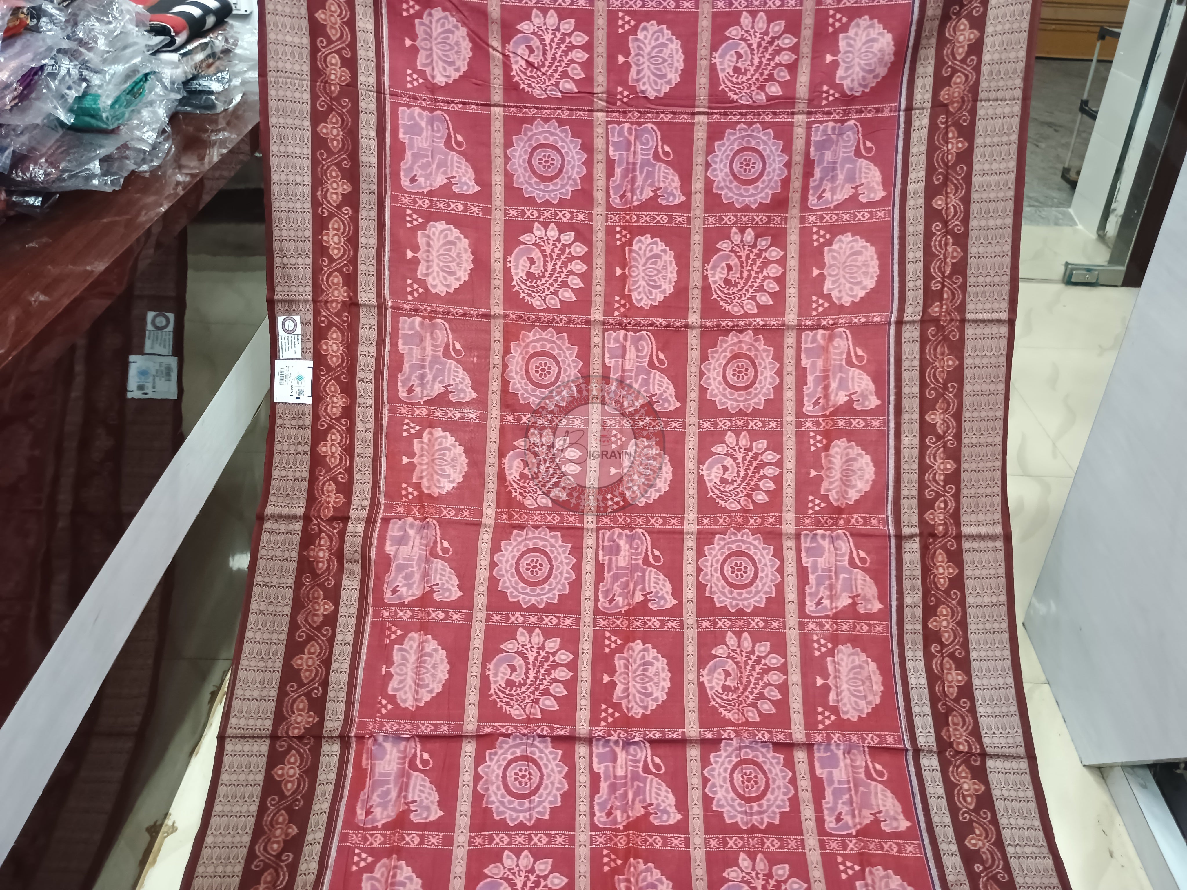 Maroon Coffee Lion And Lotus  Odisha Handloom Sambalpuri Cotton Saree