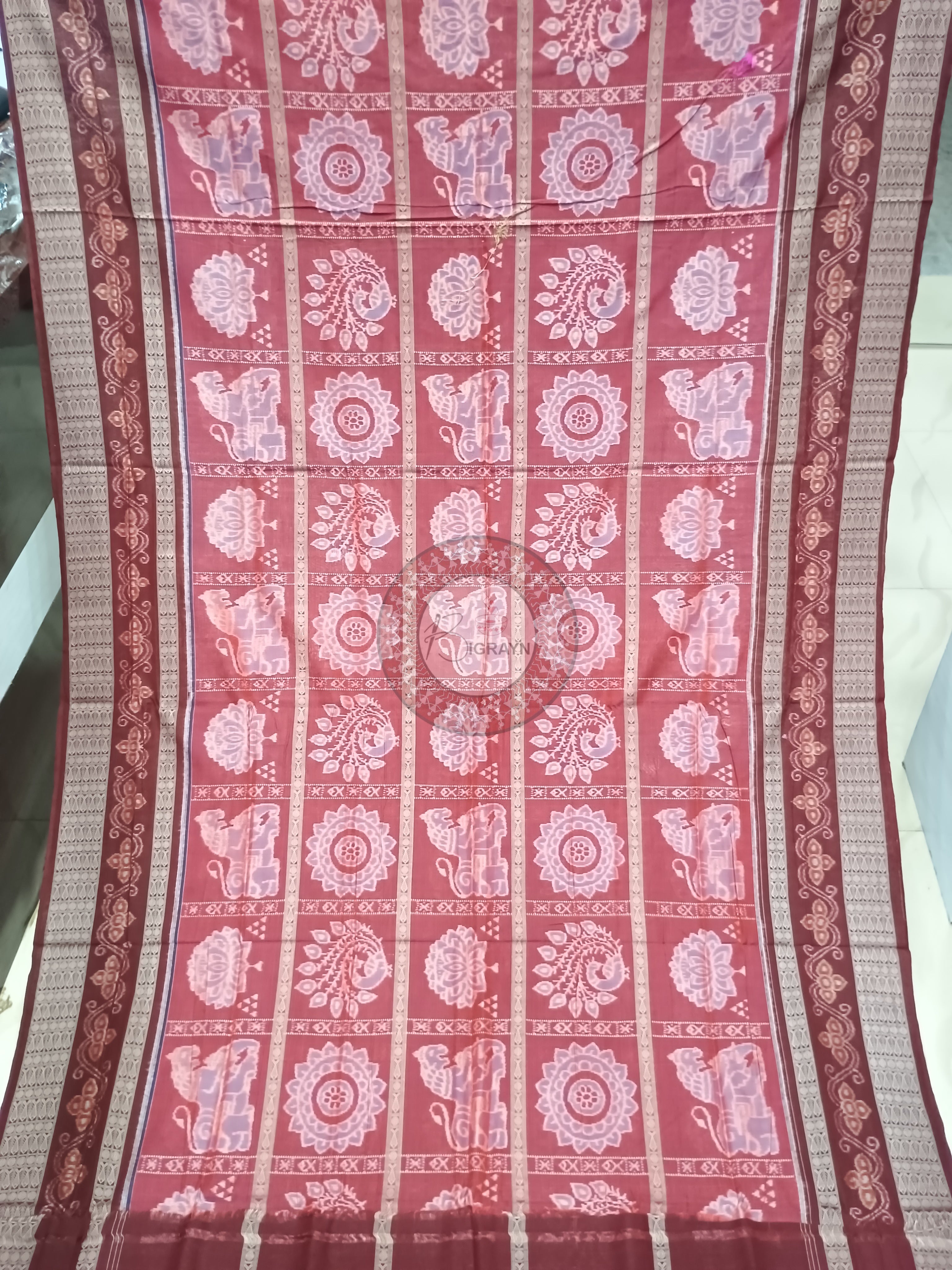Maroon Coffee Lion And Lotus  Odisha Handloom Sambalpuri Cotton Saree