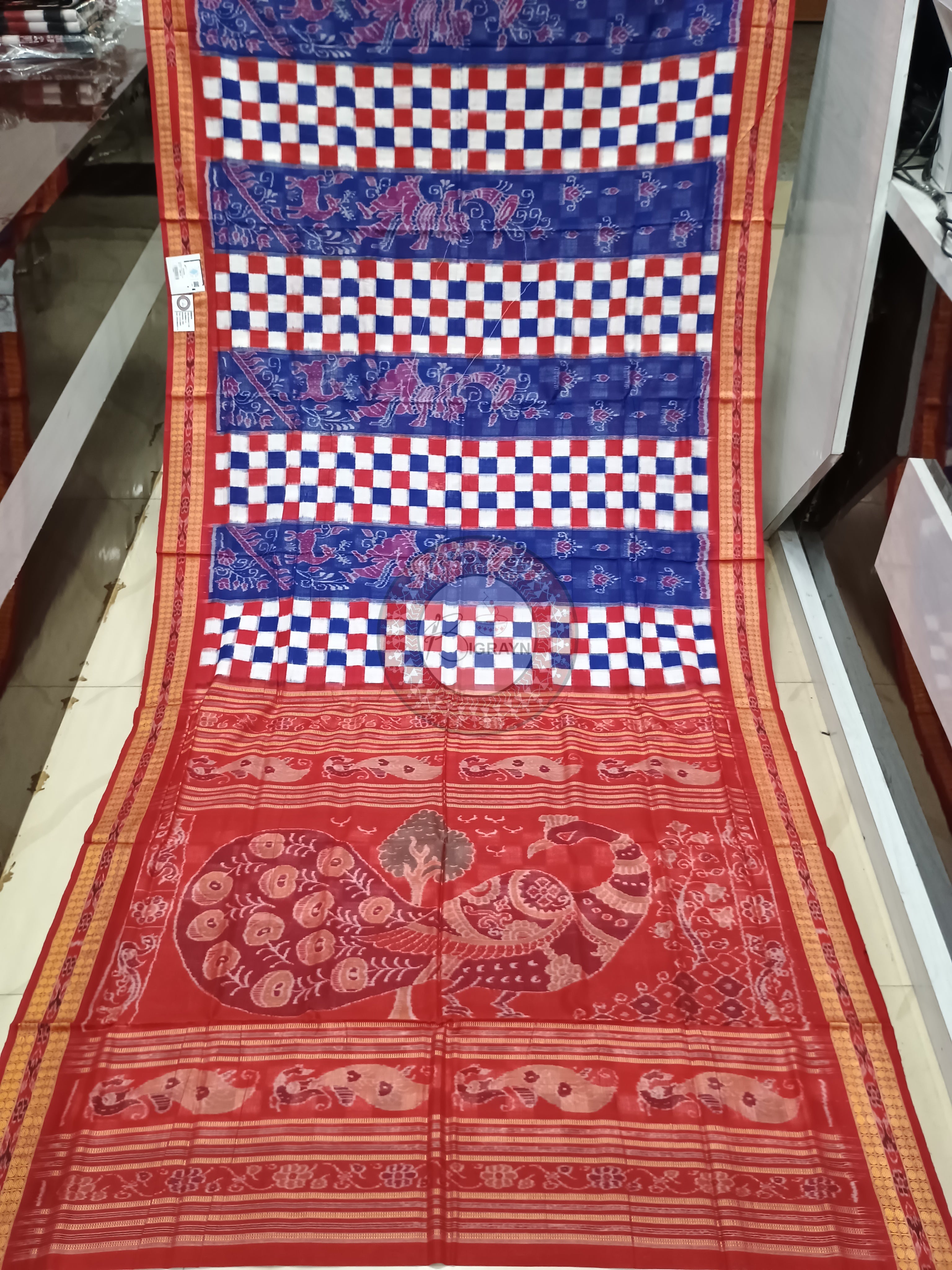 Blue Red Pasapali Dancer Design Odisha Handloom Sambalpuri Cotton Saree