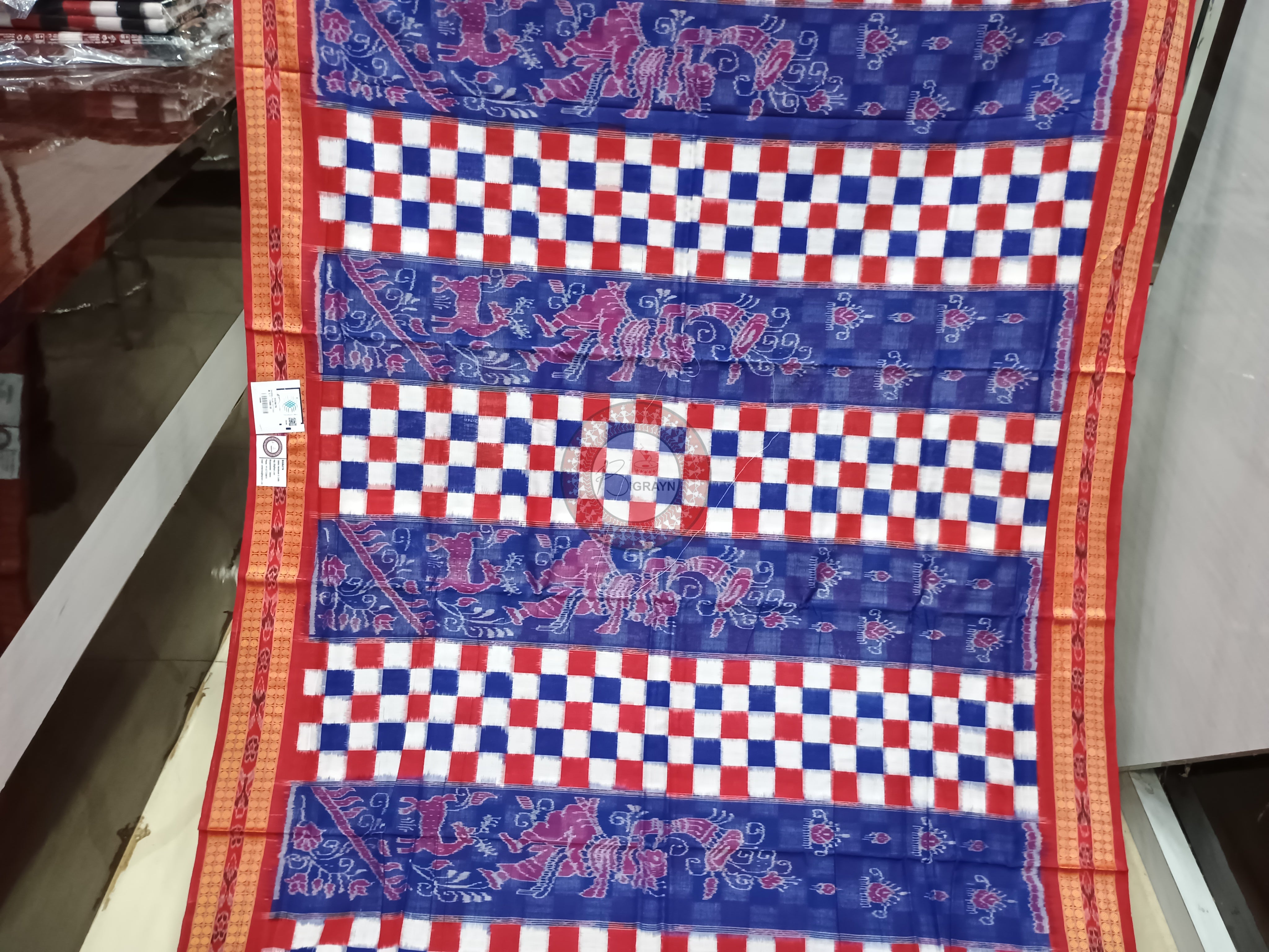 Blue Red Pasapali Dancer Design Odisha Handloom Sambalpuri Cotton Saree