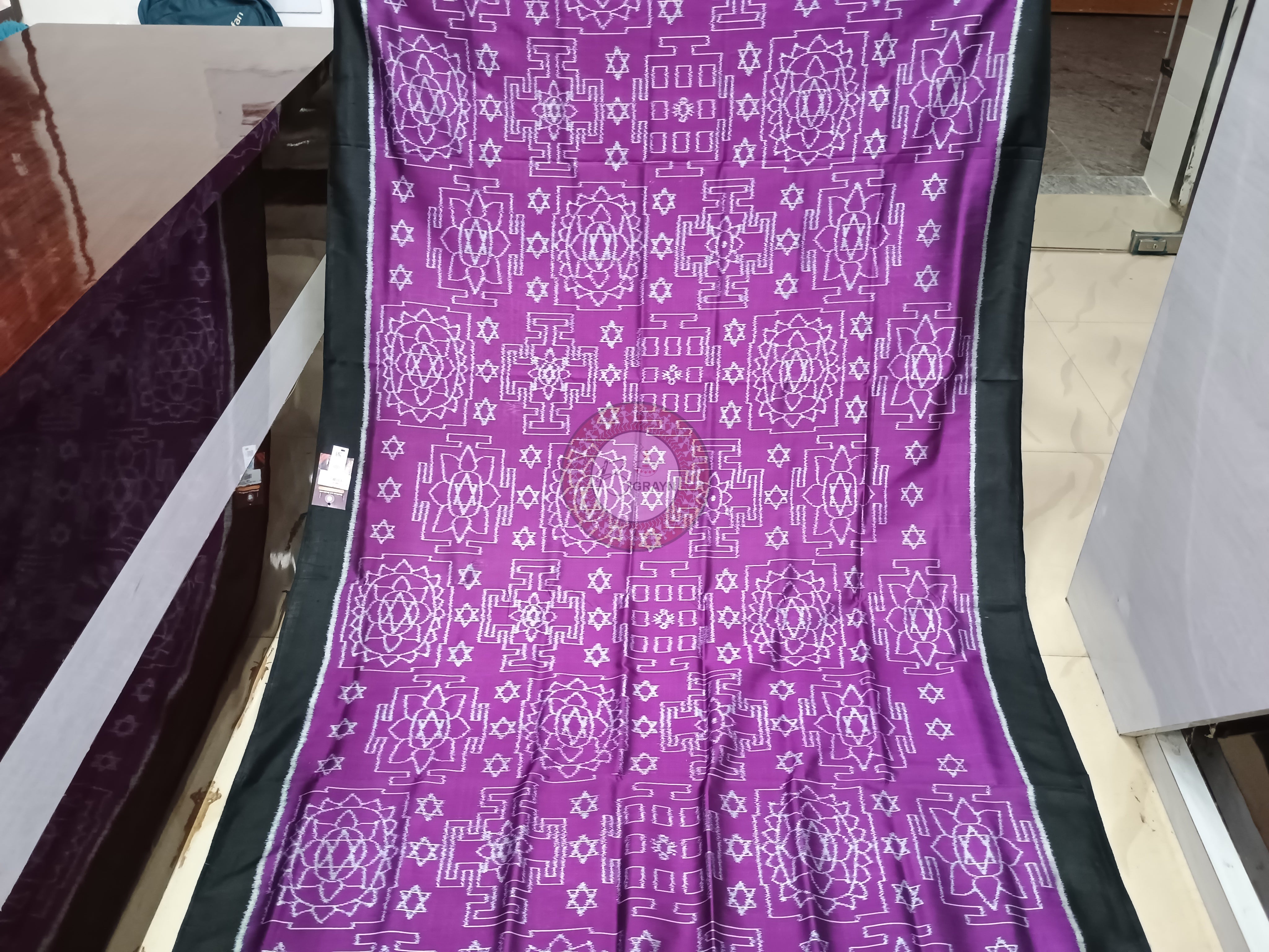 Purple Black Laxmi Yantra Mulberry Silk Saree