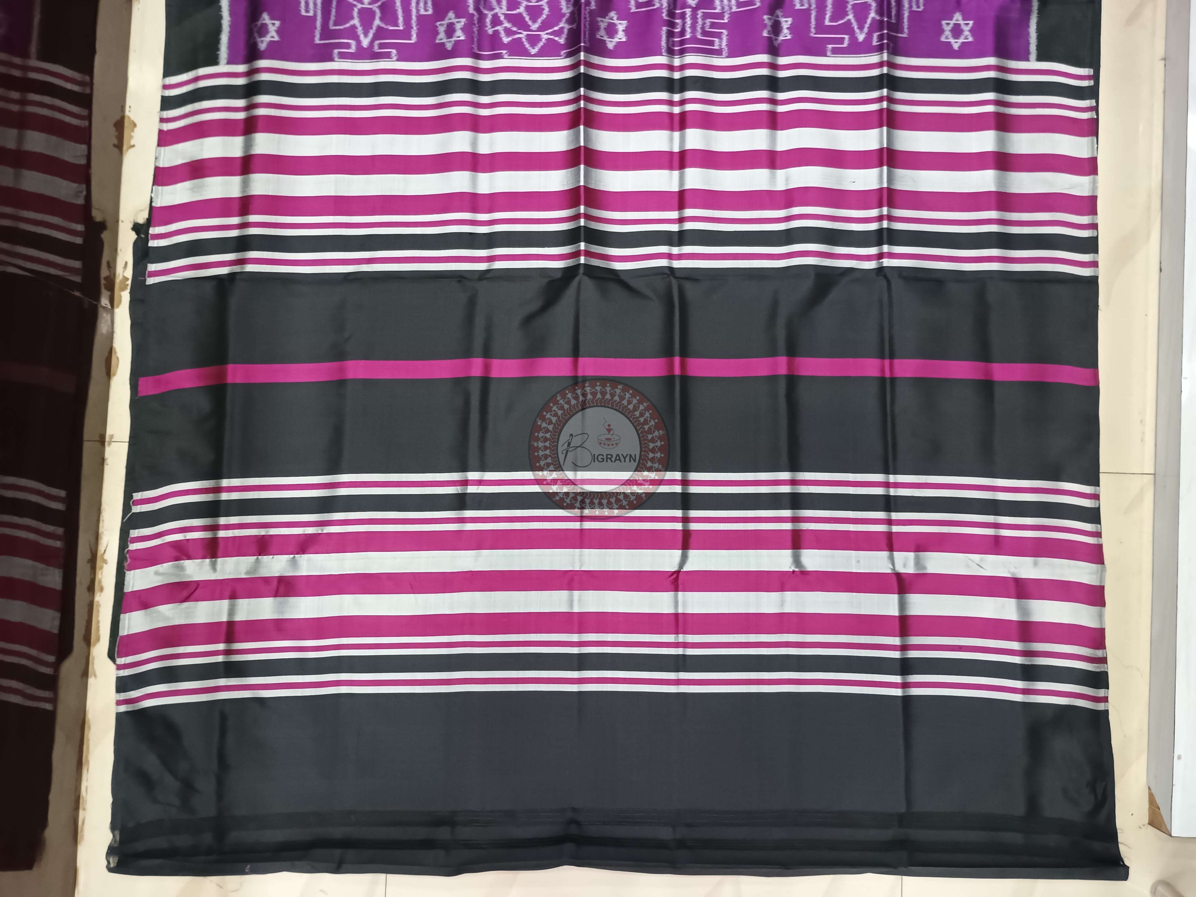 Purple Black Laxmi Yantra Mulberry Silk Saree