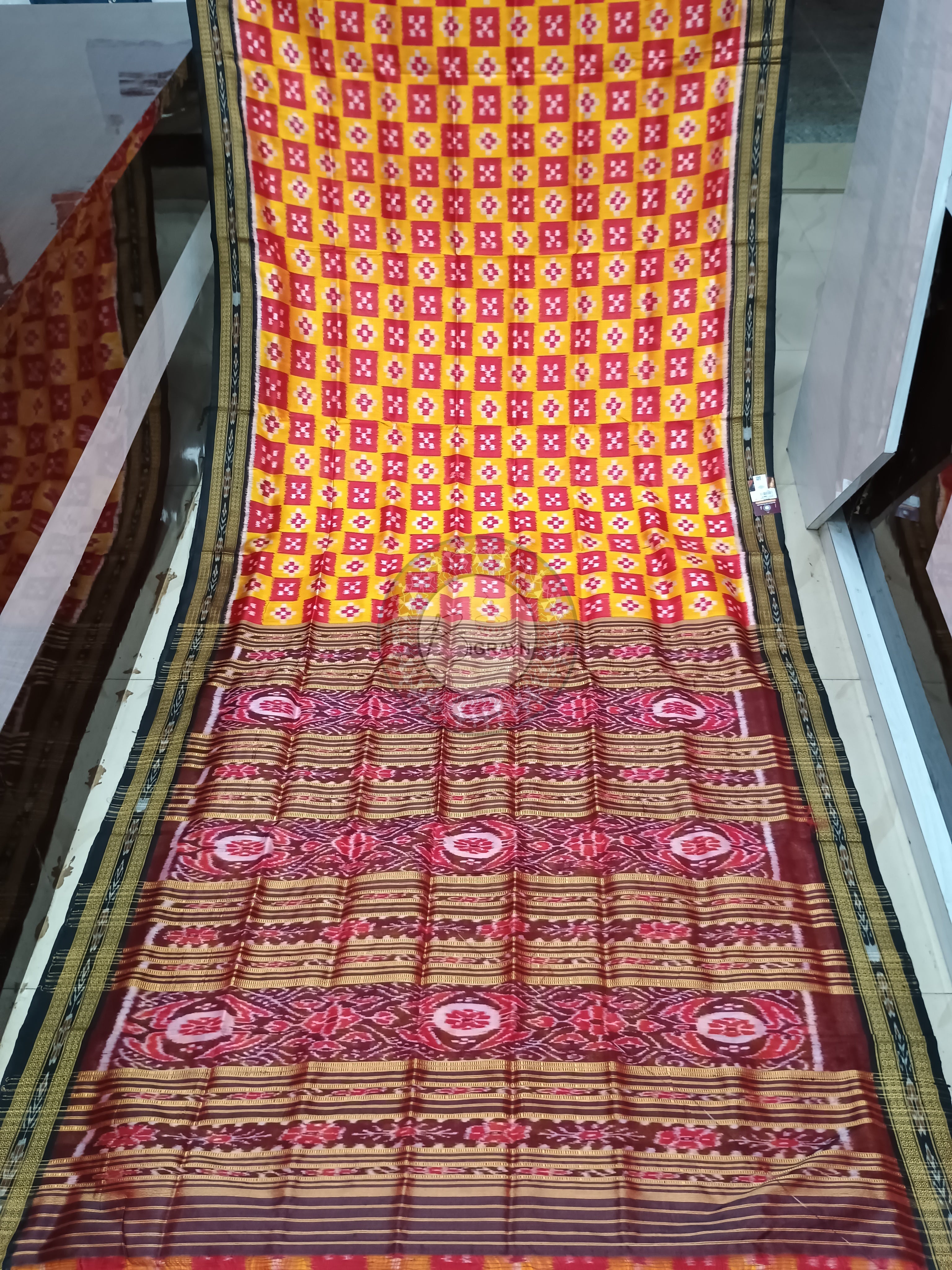 Yellow Red Maroon Pasapali Mulberry Silk Saree