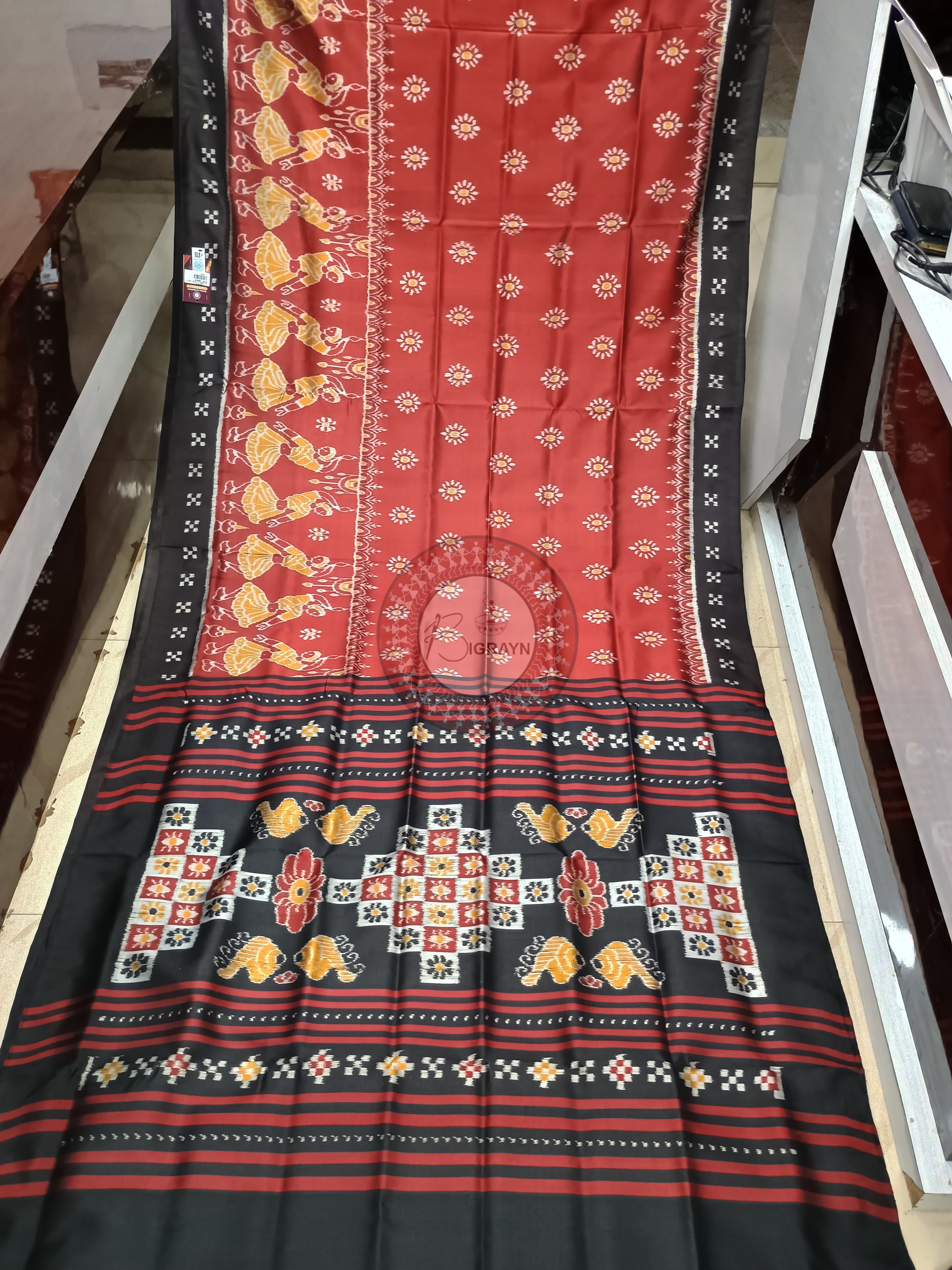 Maroon Black Scot Dancer Design Mulberry Silk Saree