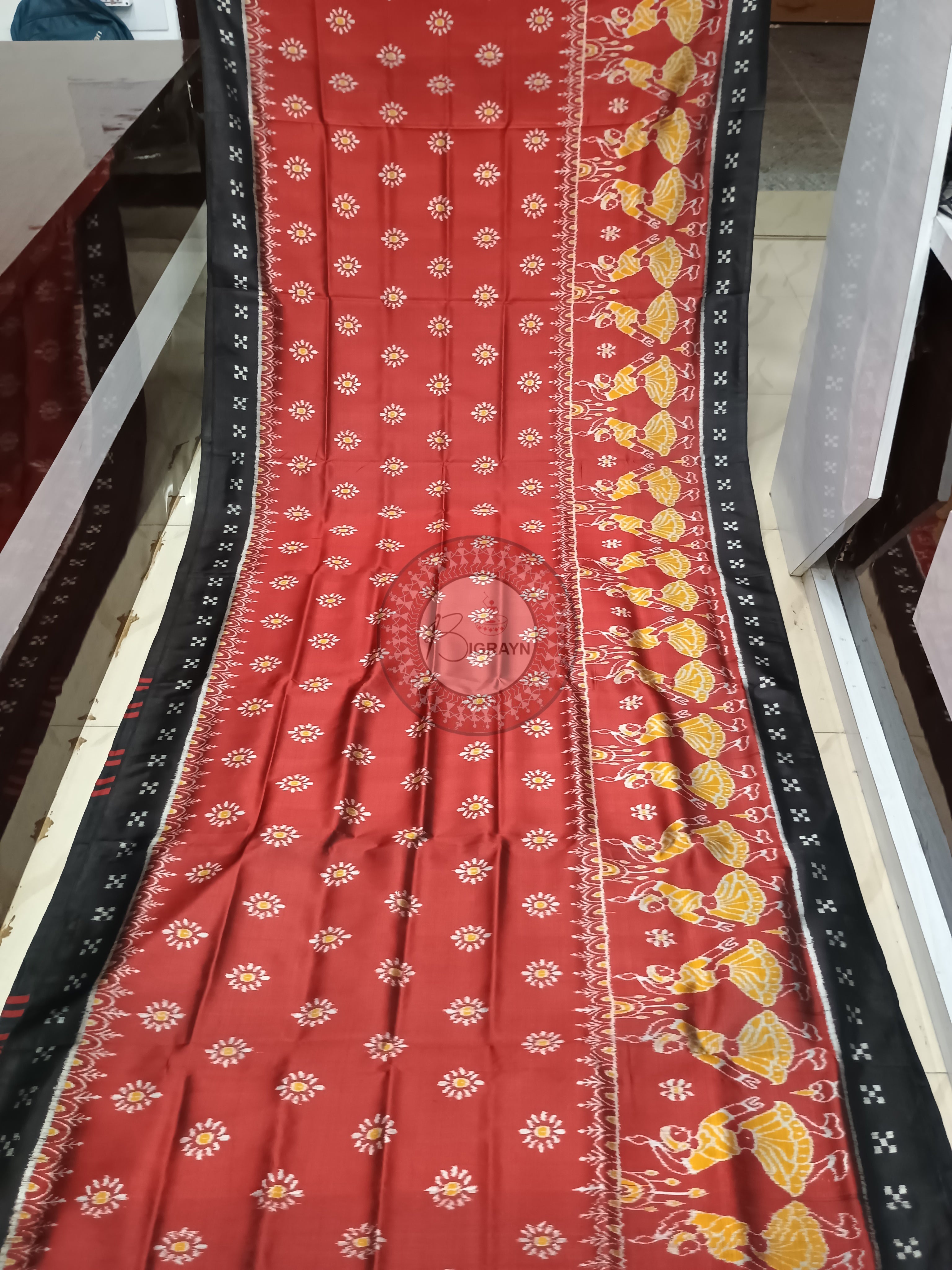 Maroon Black Scot Dancer Design Mulberry Silk Saree