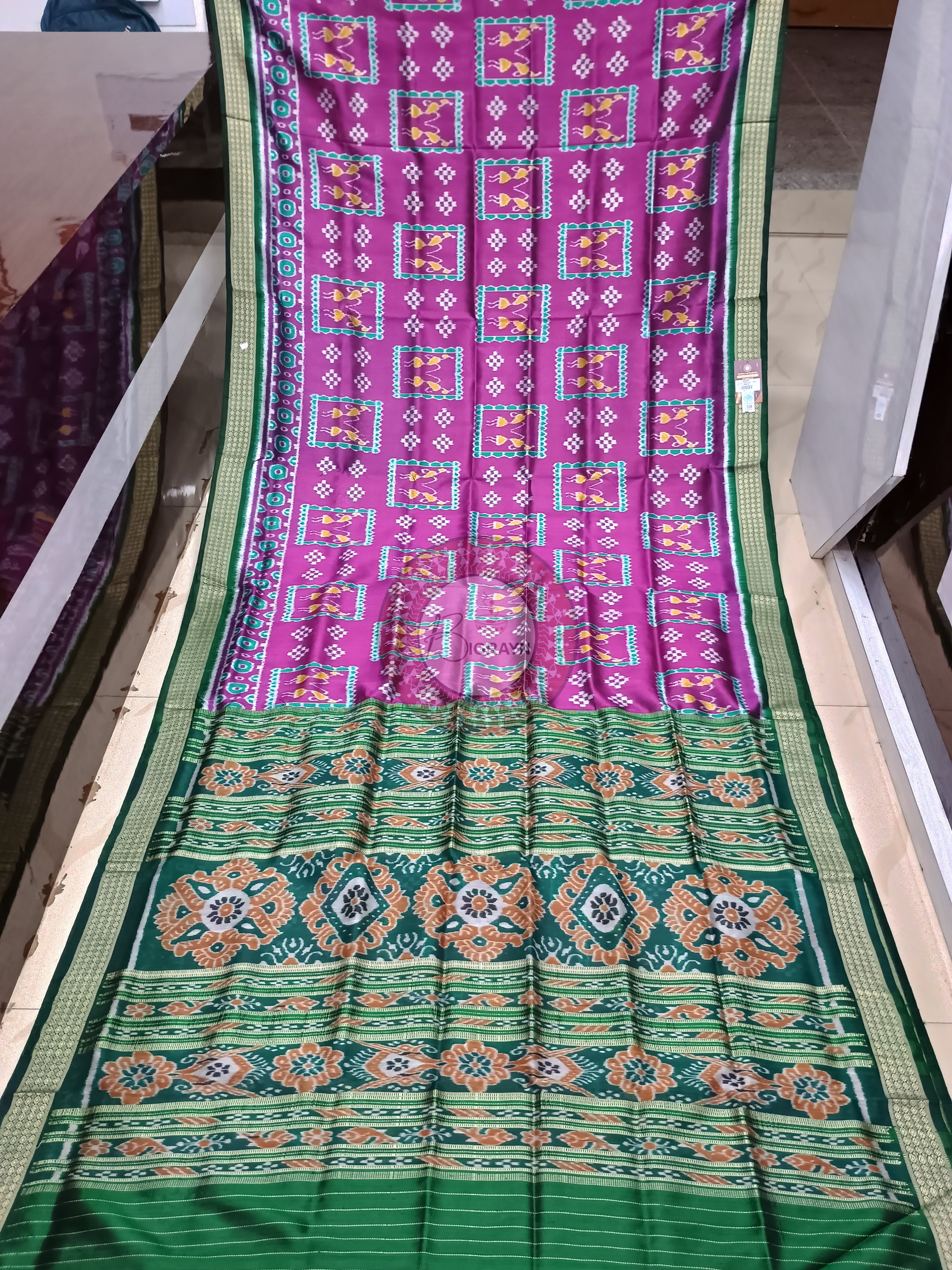 Purple Green Box Tribal Design Mulberry Silk Saree