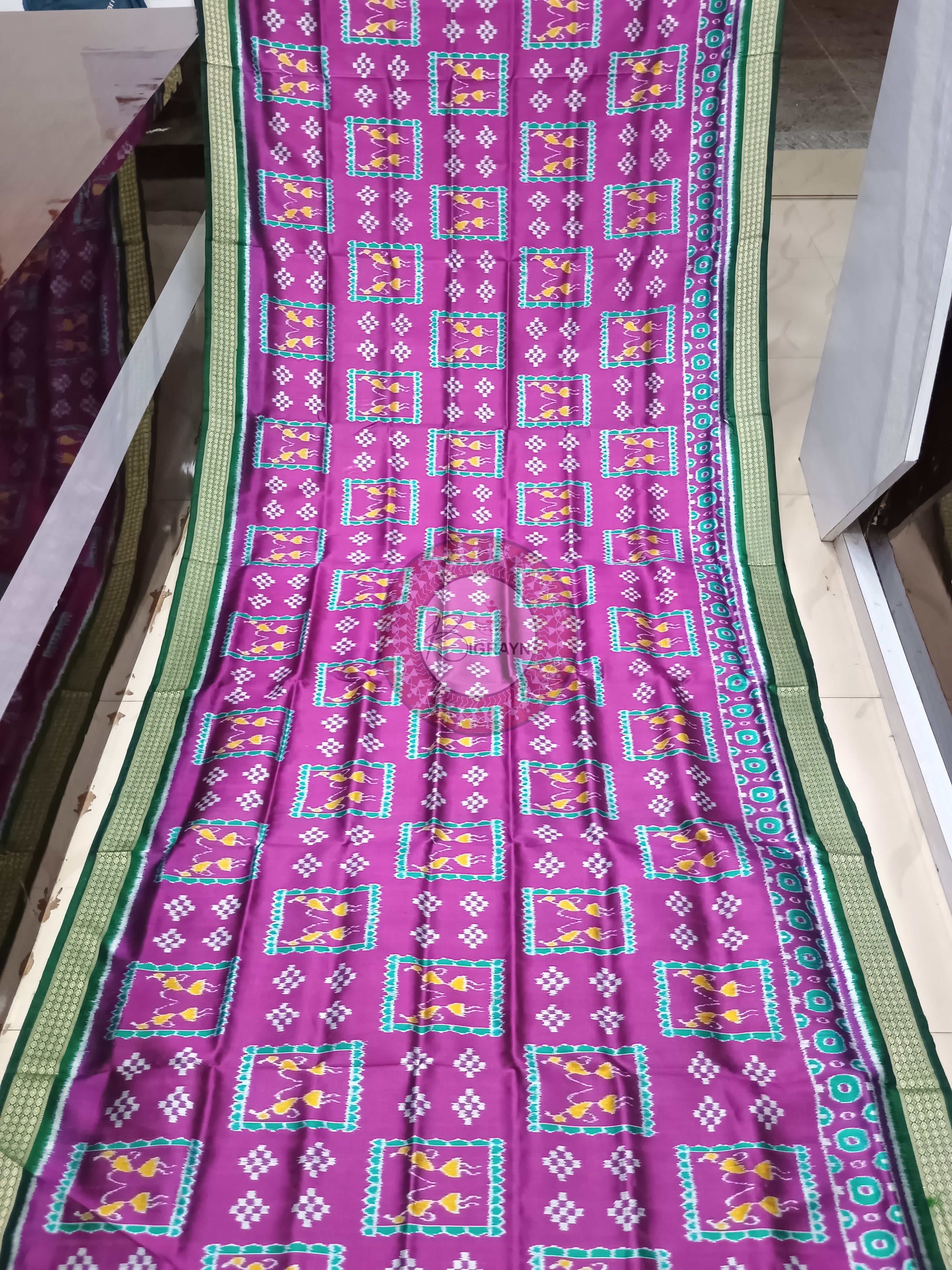 Purple Green Box Tribal Design Mulberry Silk Saree