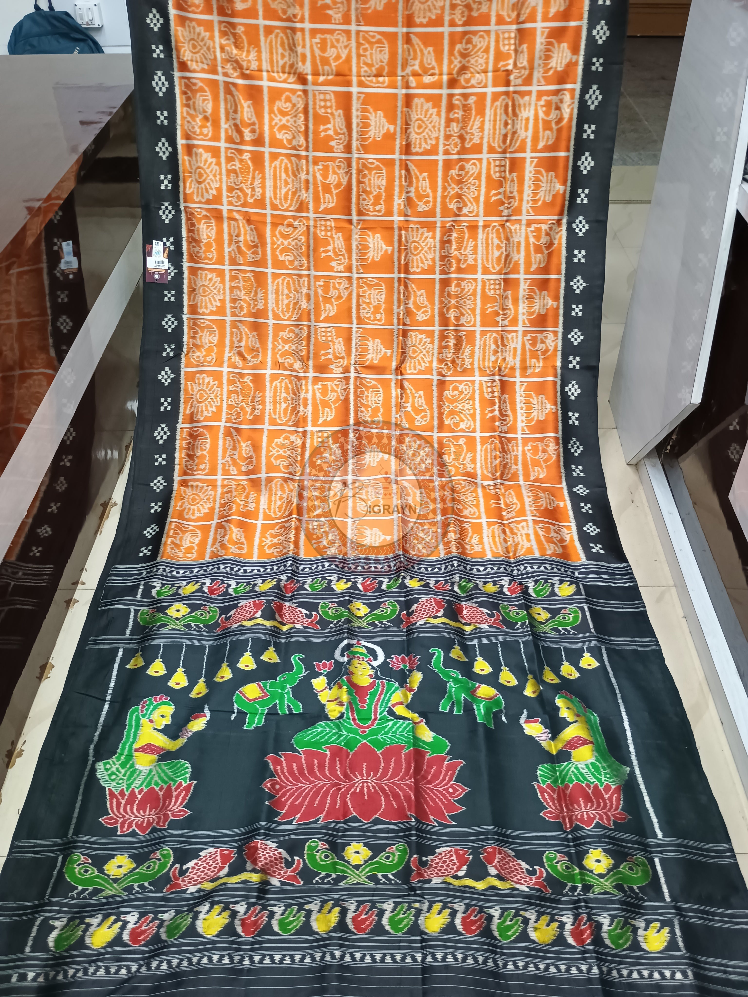 Orange Black Nabakothi Design Mulberry Silk Saree