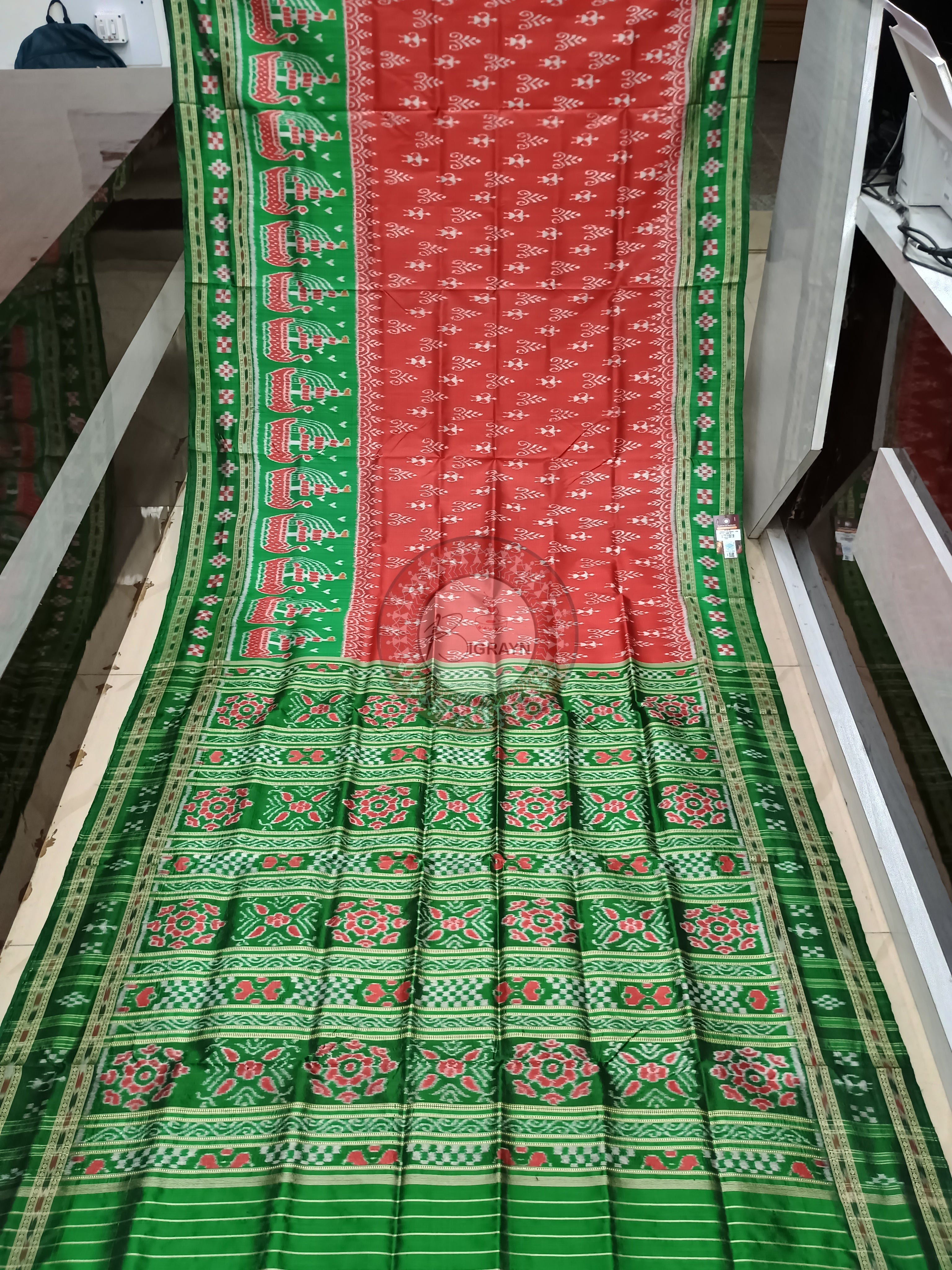 Maroon Green Tribal Design Mulberry Silk Saree
