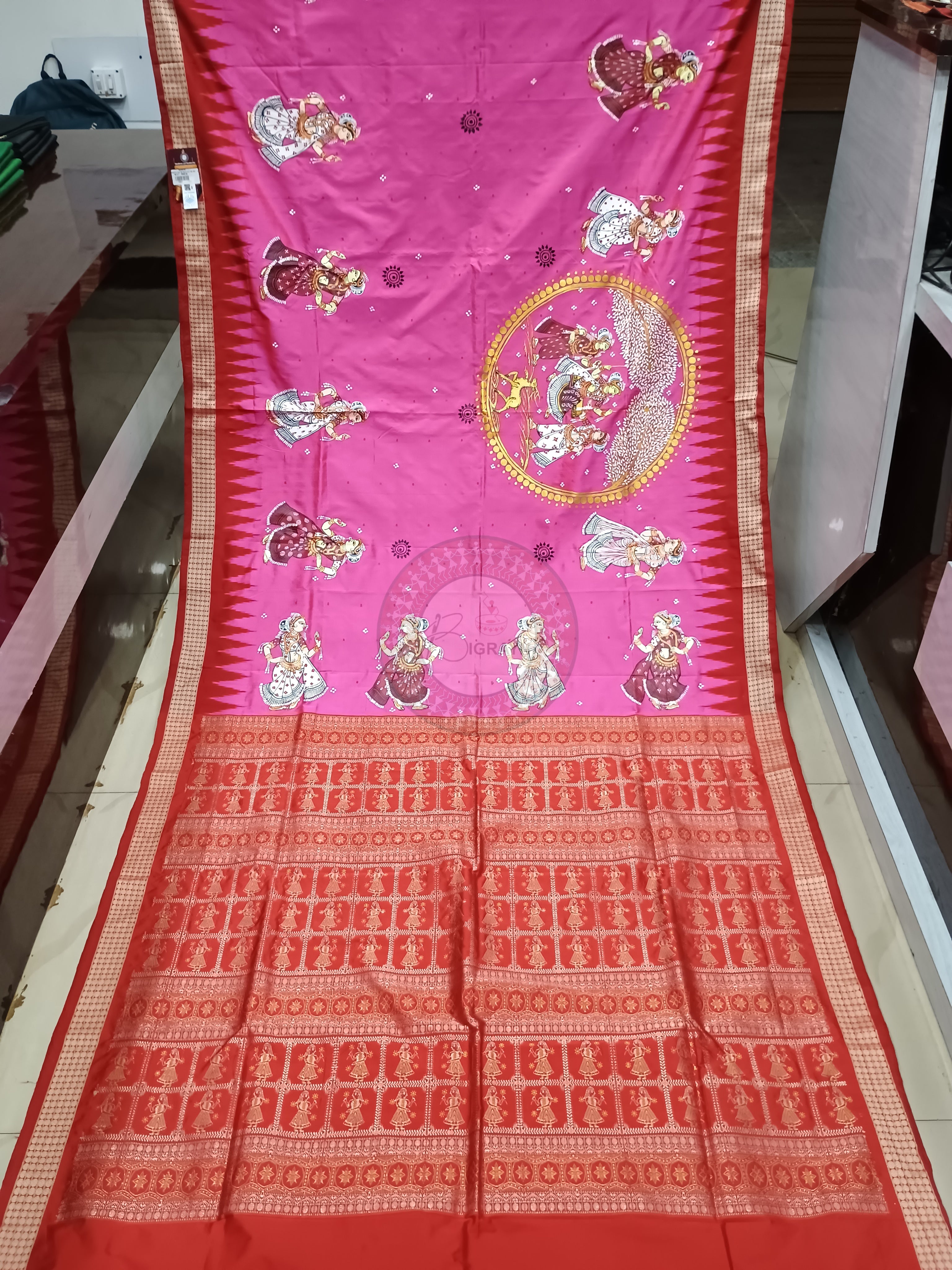 Pink Red Raja Doli Pattachitra Bomkai Silk Saree
