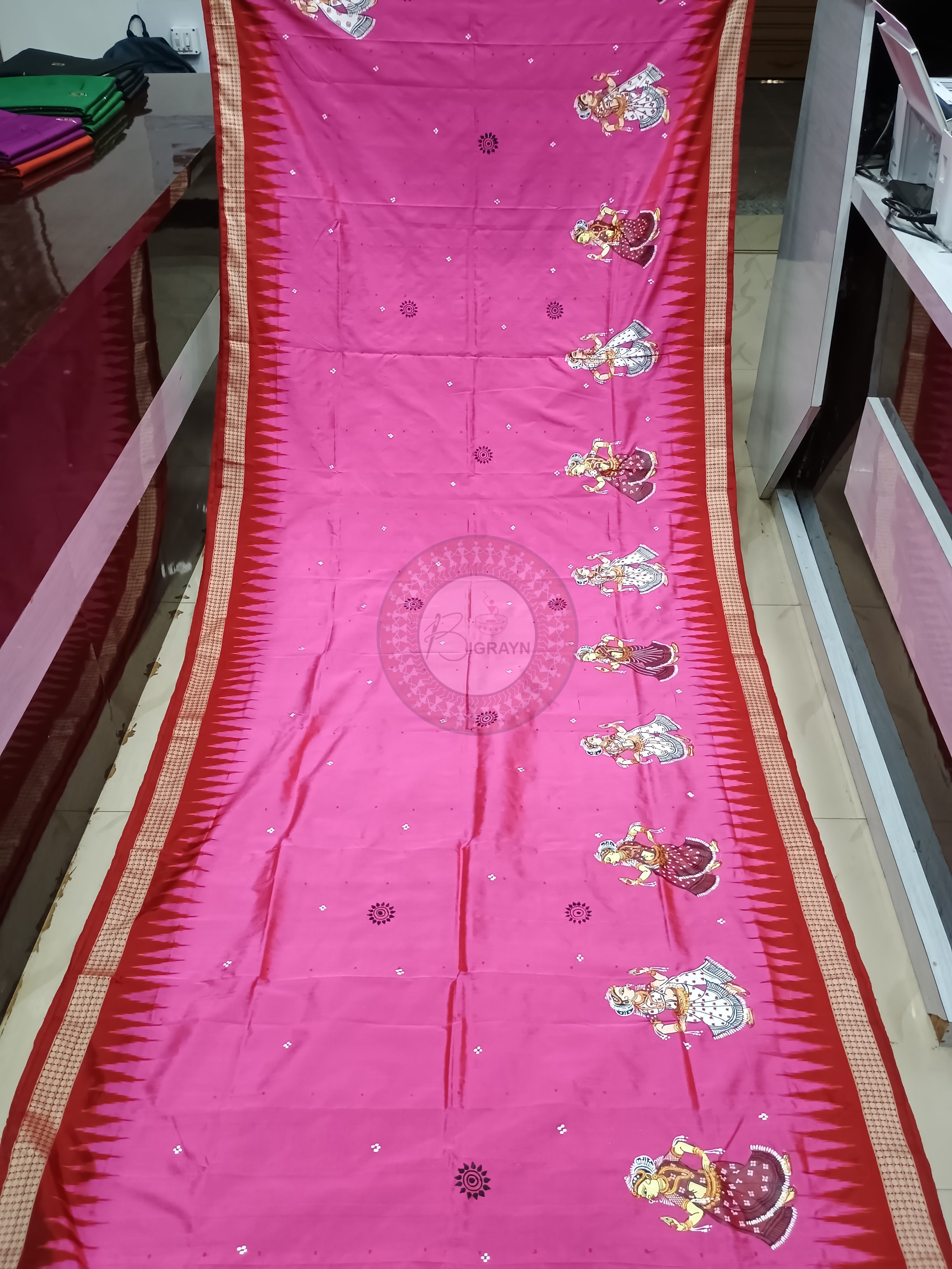 Pink Red Raja Doli Pattachitra Bomkai Silk Saree
