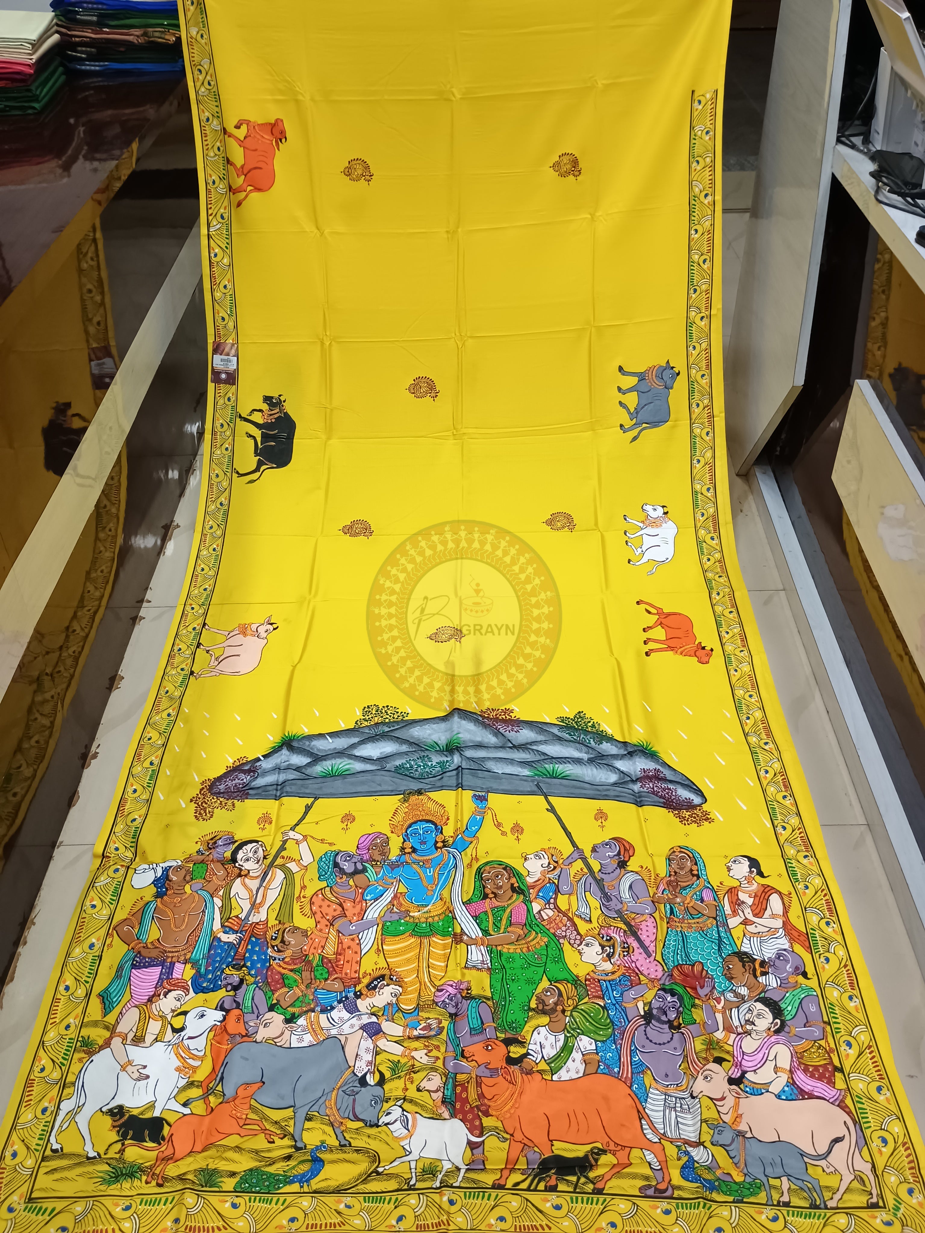 Yellow Girigobardhan Theme Pattachitra Khadi Silk Saree