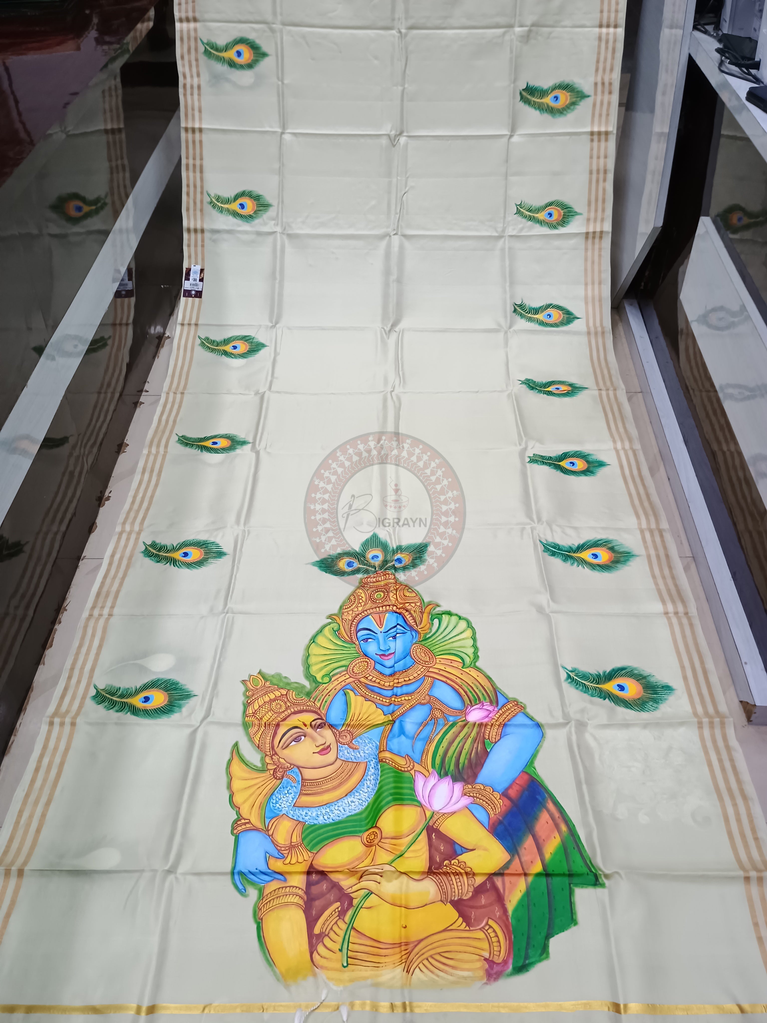 Off White Radha Krishna Theme Pattachitra Kanjivaram Silk Saree