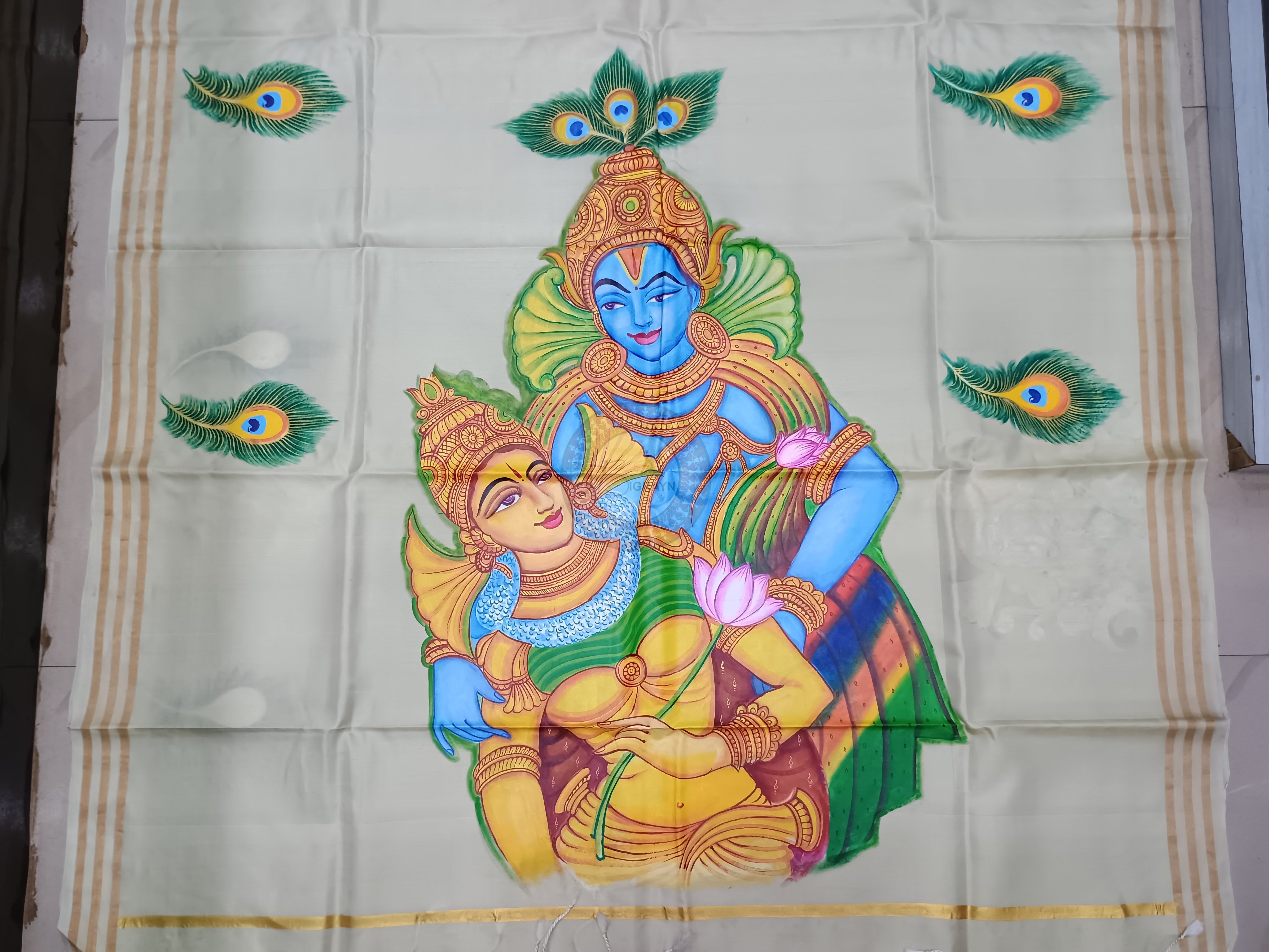 Off White Radha Krishna Theme Pattachitra Kanjivaram Silk Saree