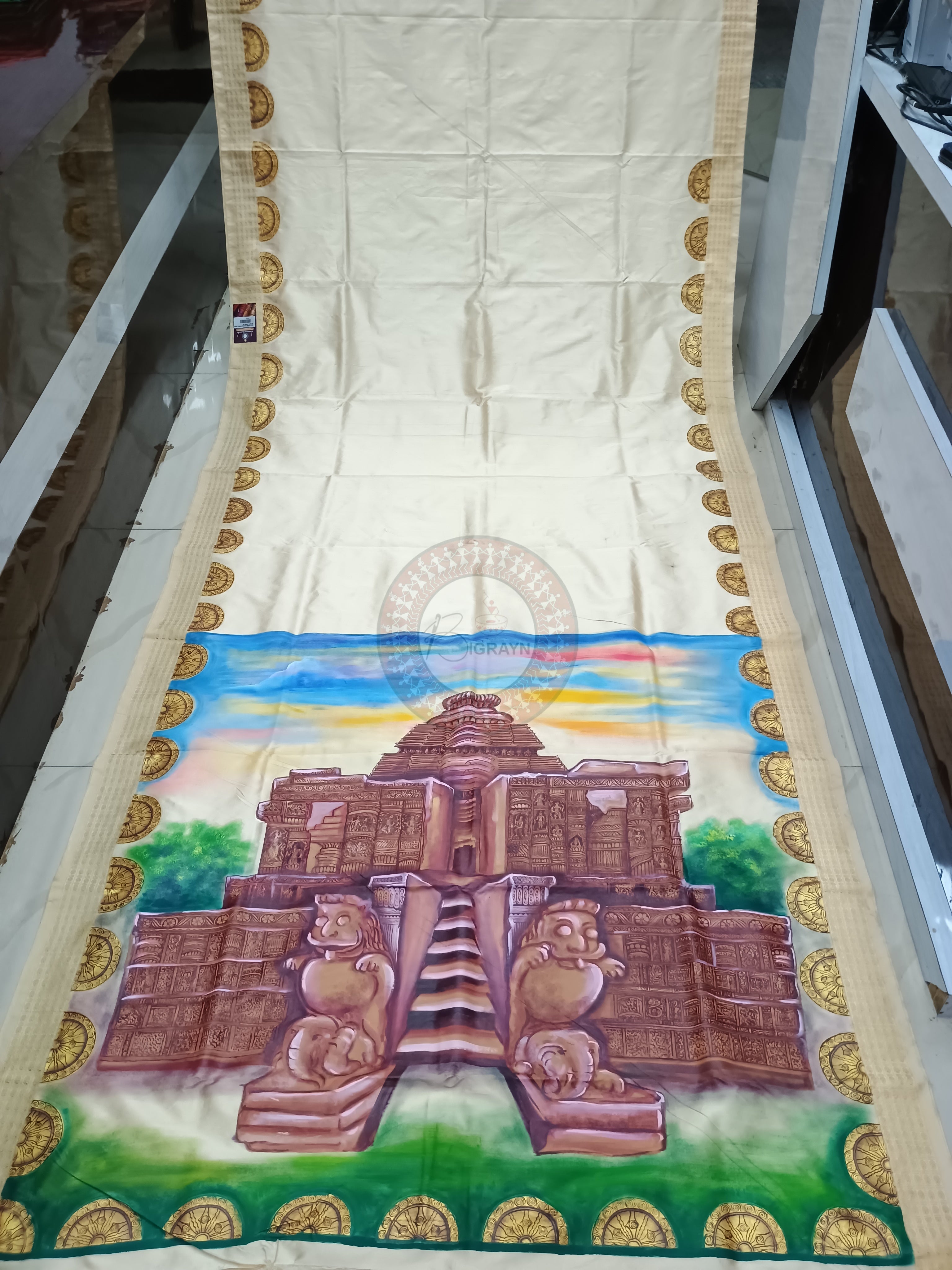 Cream Konark Theme Pattachitra Cotton Blended Silk Saree