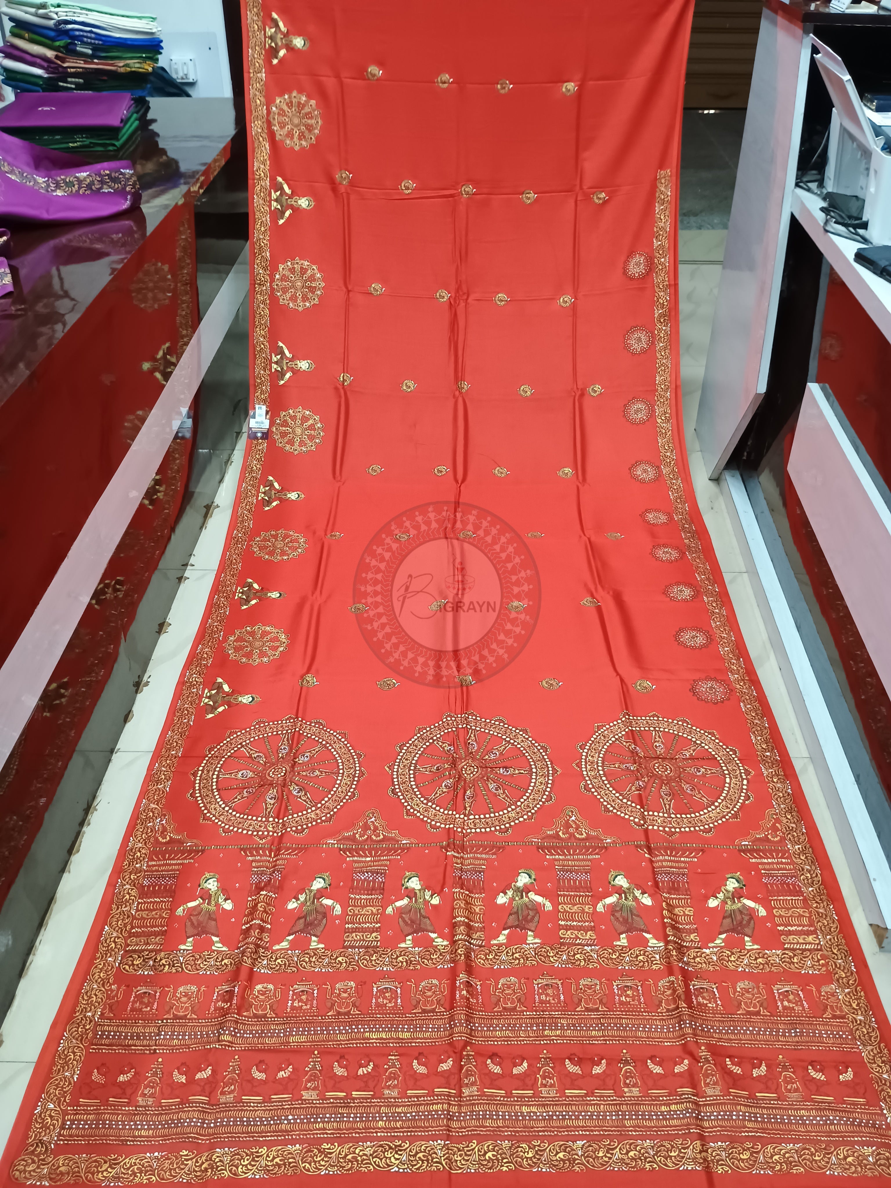 Red Konark Wheel Pattachitra Khadi Silk Saree