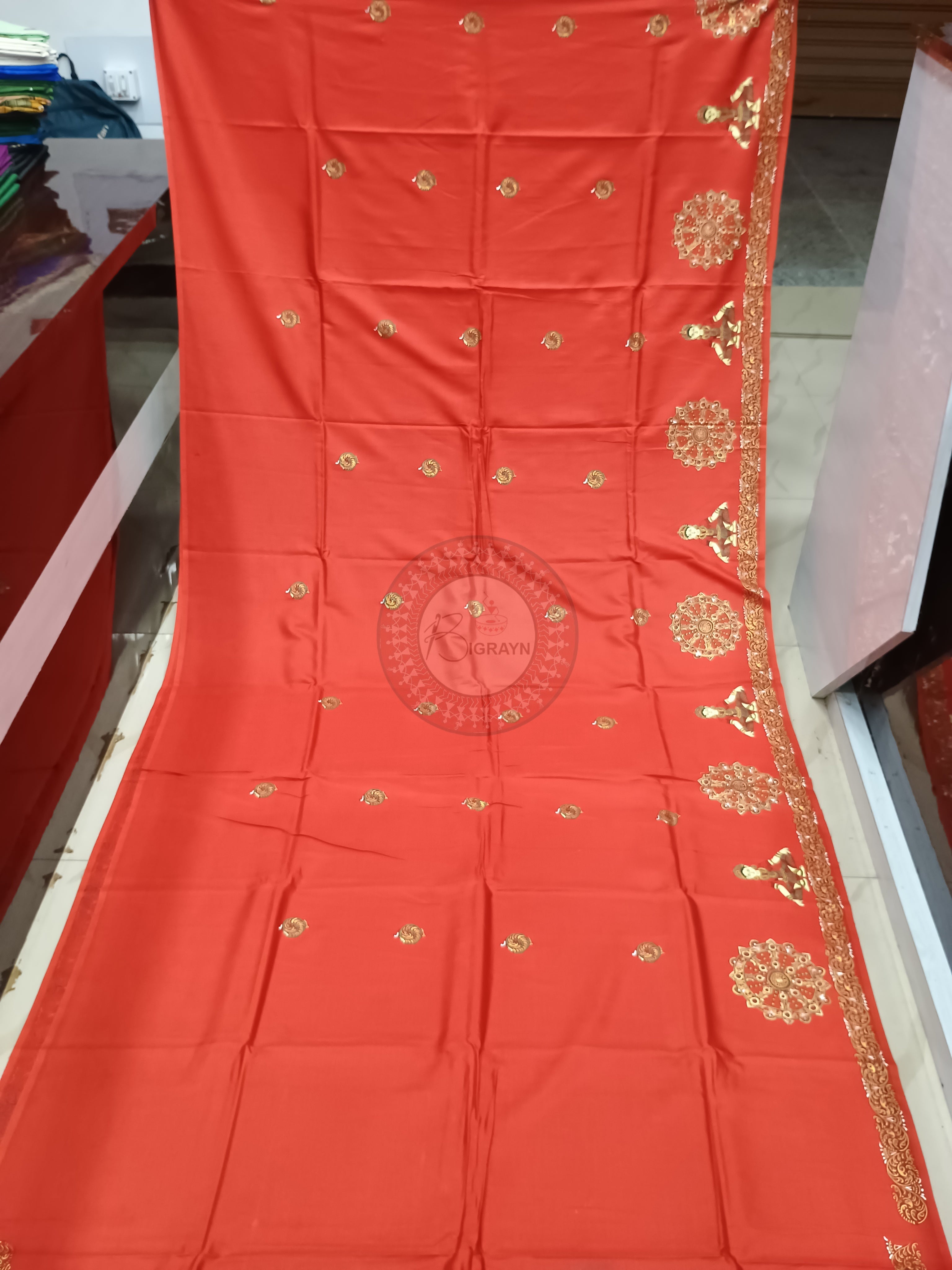 Red Konark Wheel Pattachitra Khadi Silk Saree