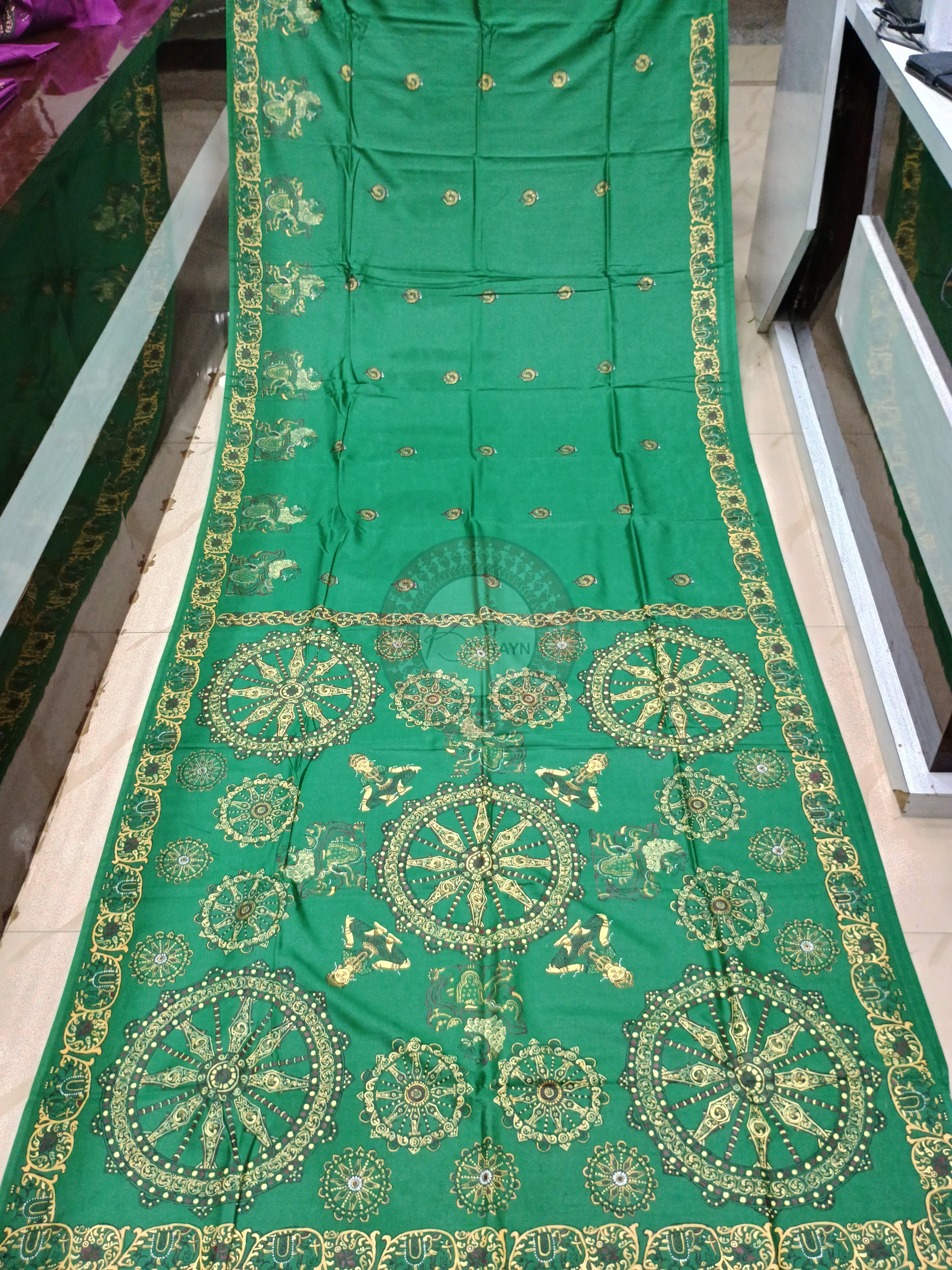 Green Konark Wheel Theme Pattachitra Khadi Silk Saree