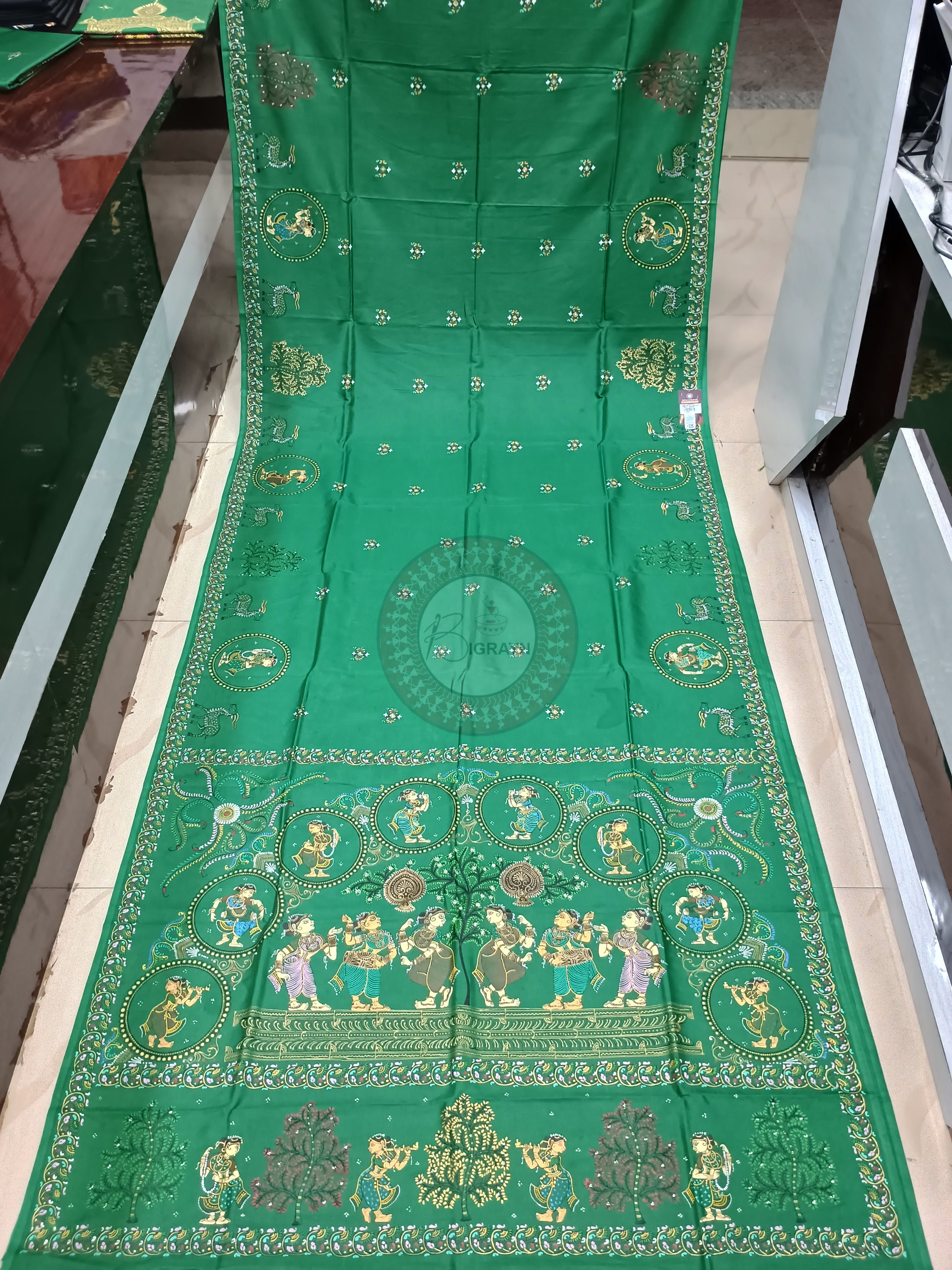 Green Sakhi Rasa Theme Pattachitra Khadi Silk Saree