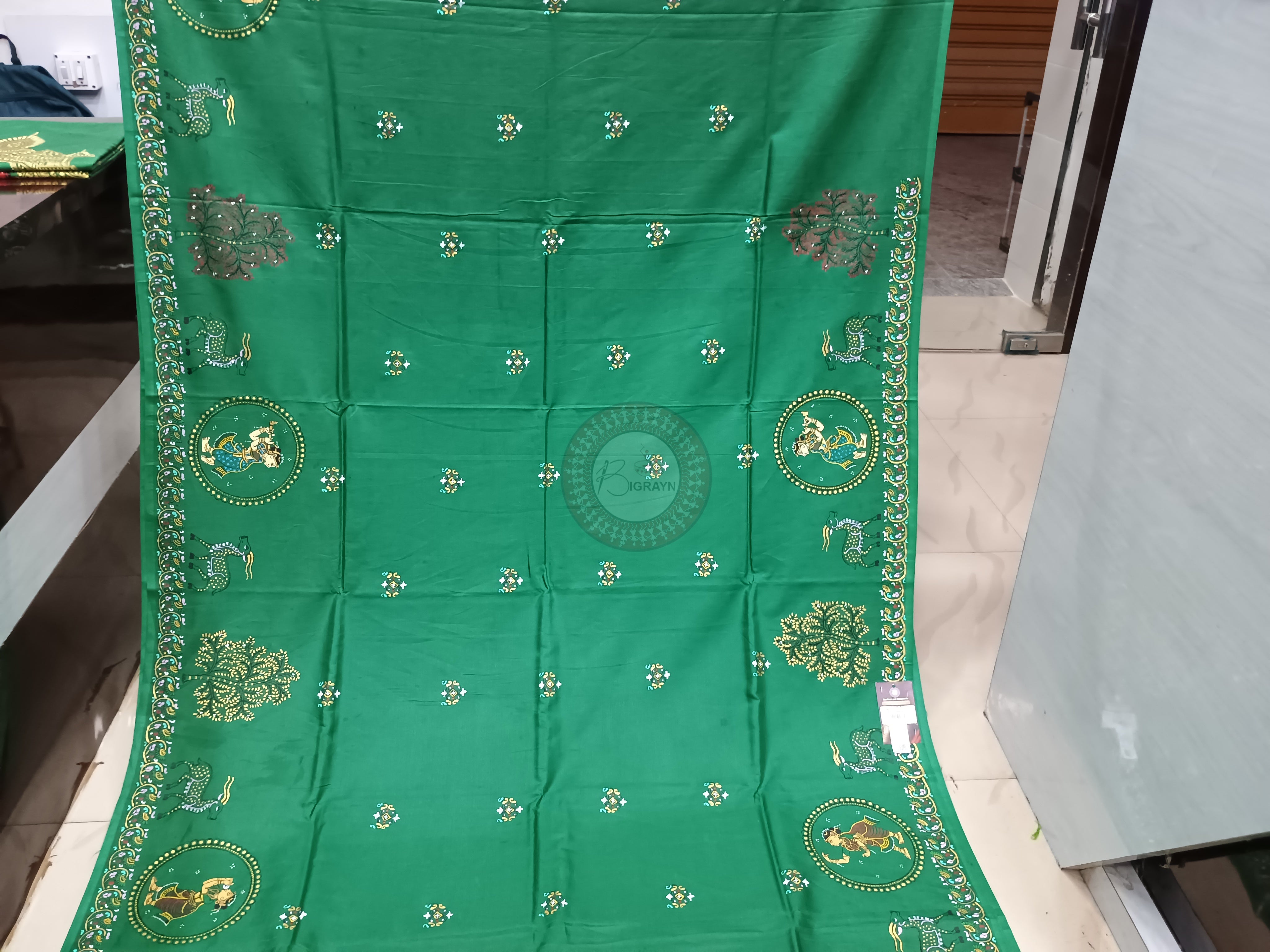 Green Sakhi Rasa Theme Pattachitra Khadi Silk Saree
