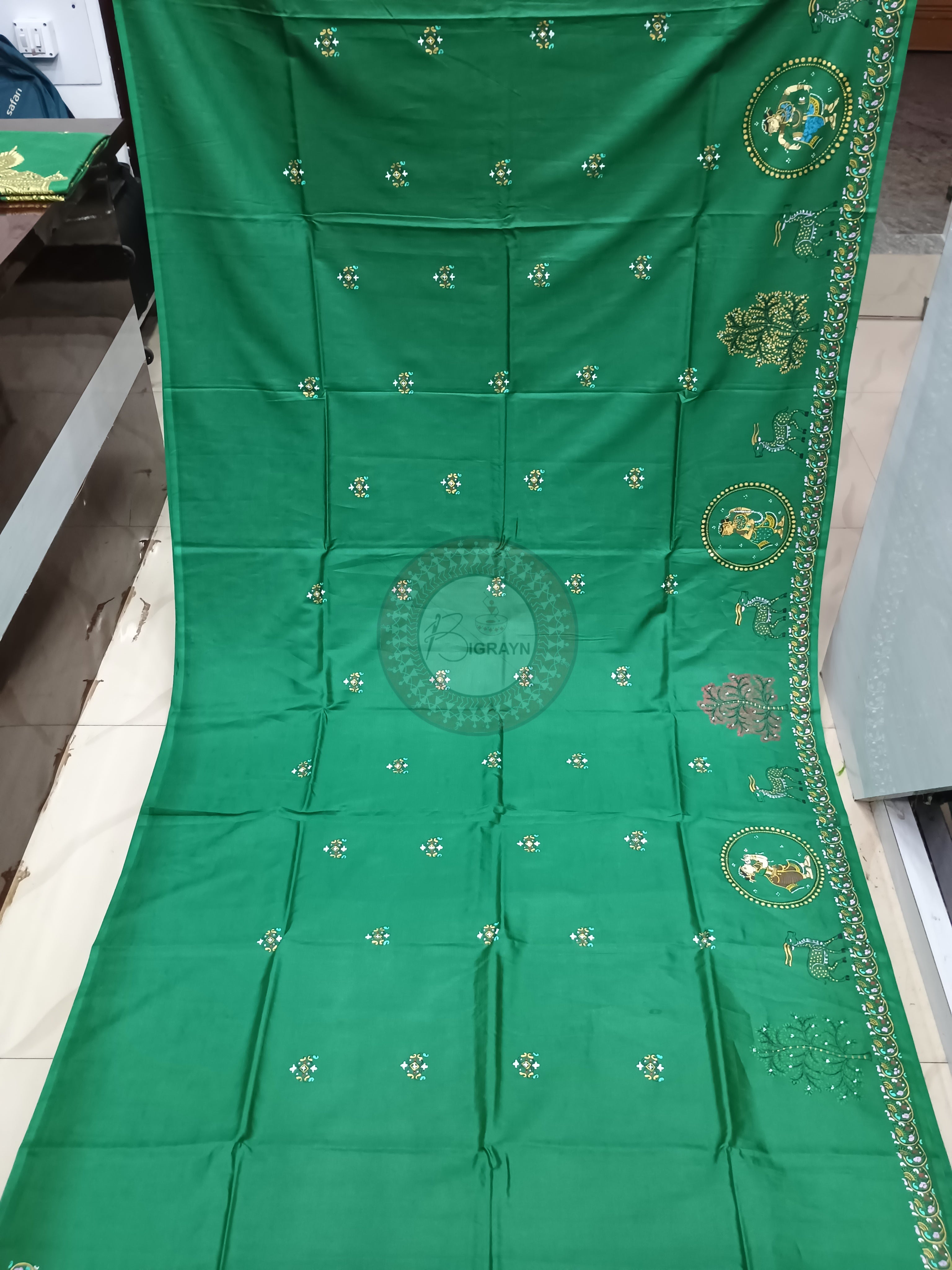 Green Sakhi Rasa Theme Pattachitra Khadi Silk Saree
