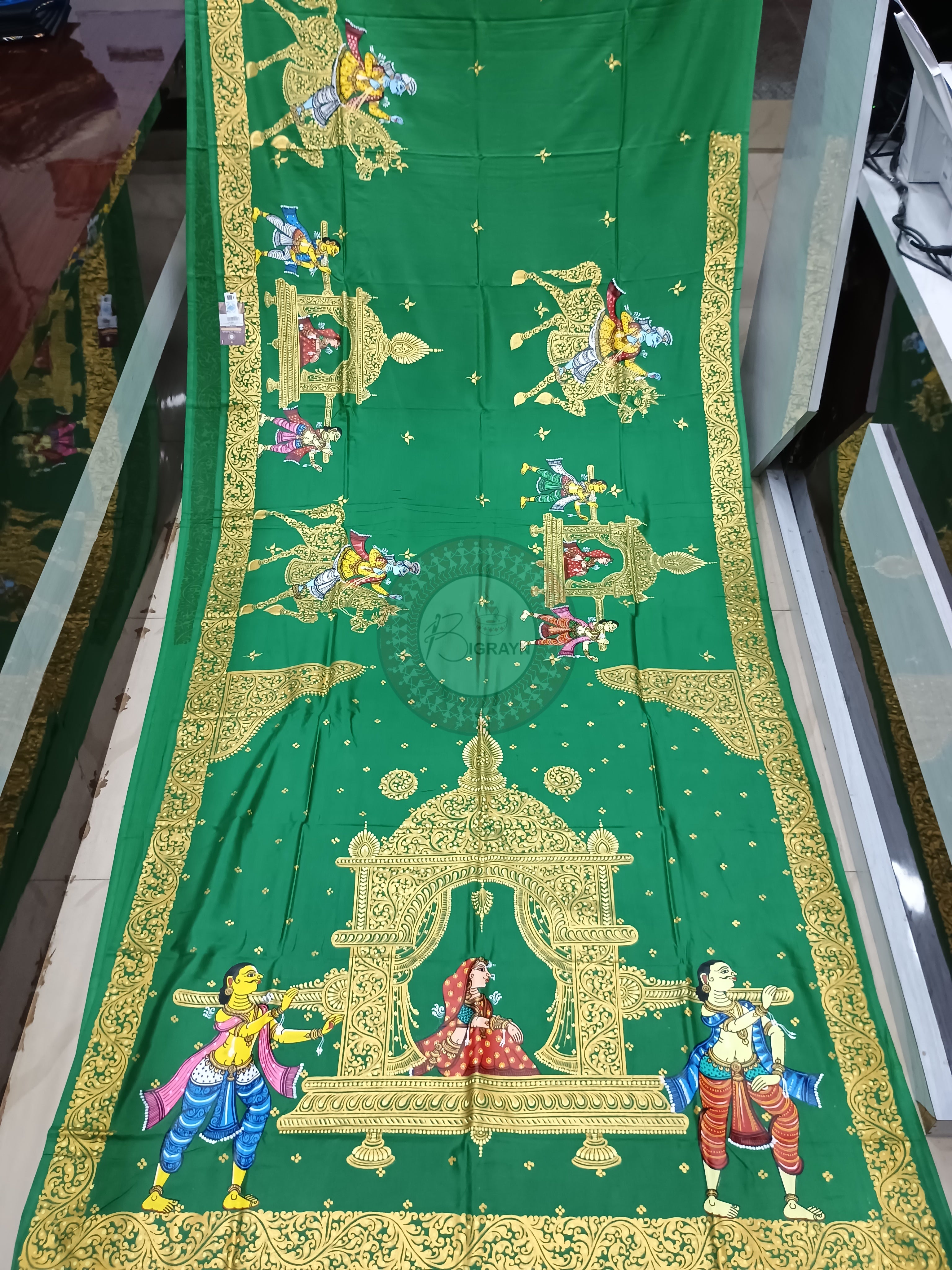 Green Marriage Theme Pattachitra Khadi Silk Saree