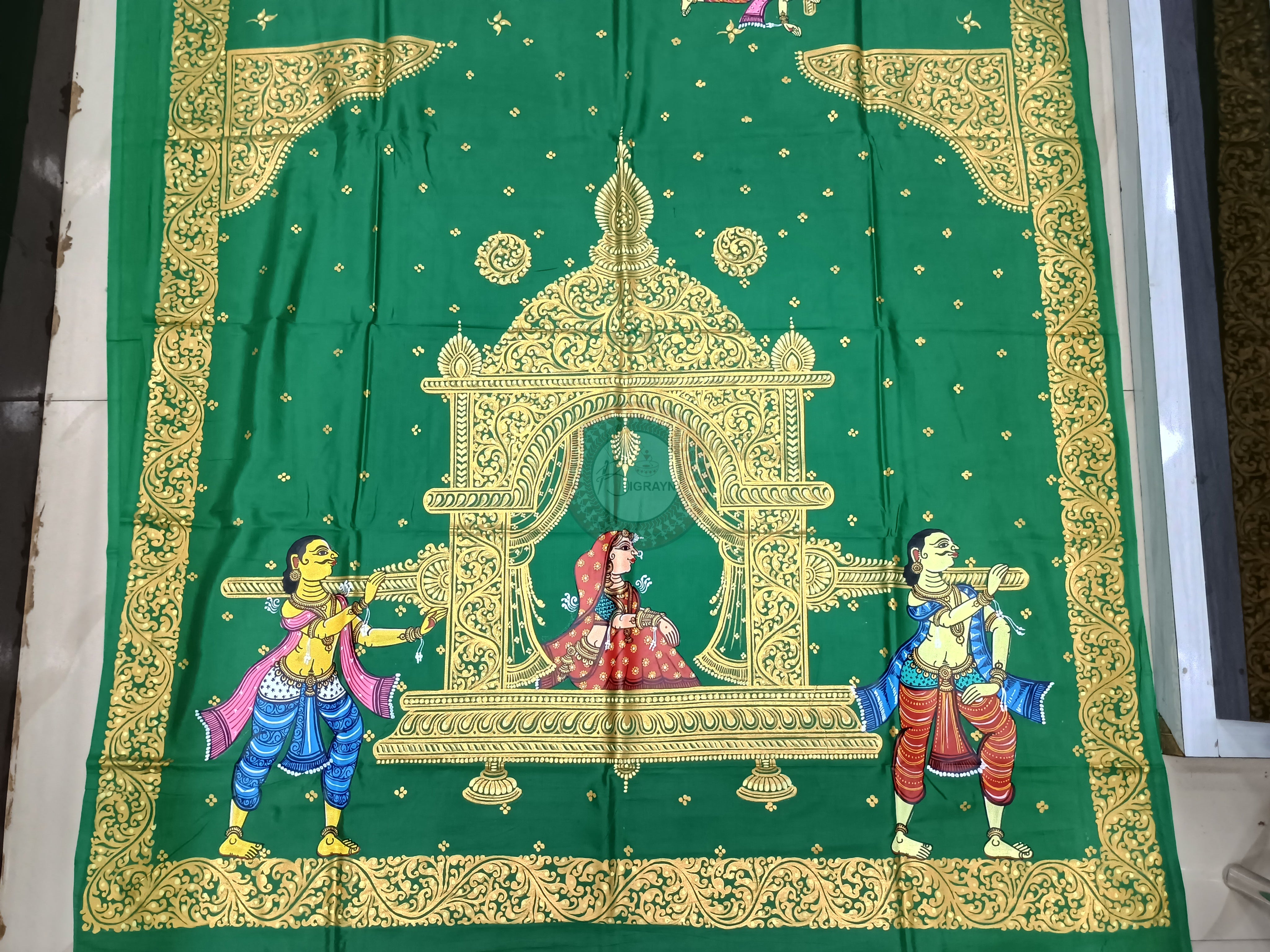 Green Marriage Theme Pattachitra Khadi Silk Saree
