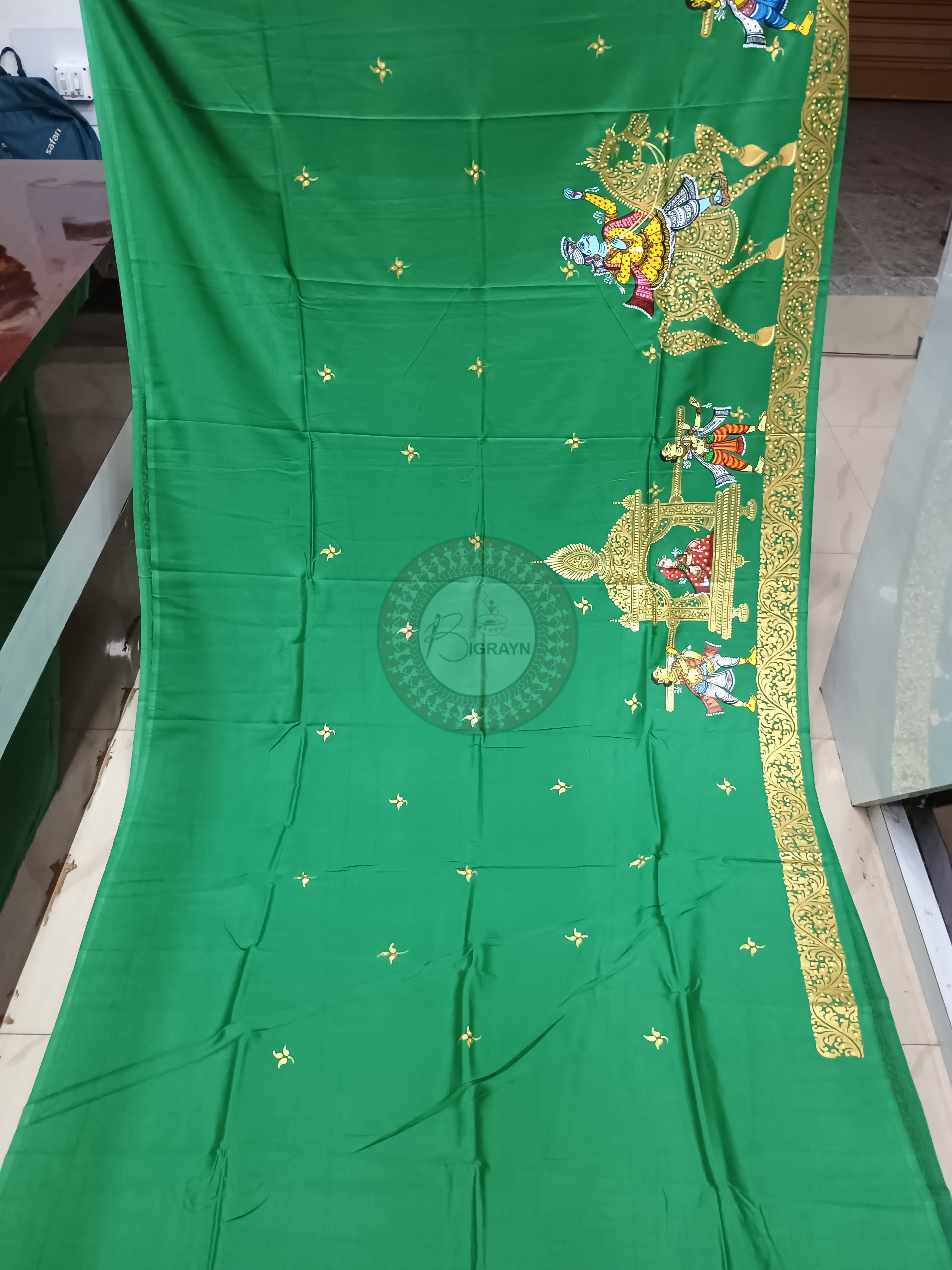 Green Marriage Theme Pattachitra Khadi Silk Saree
