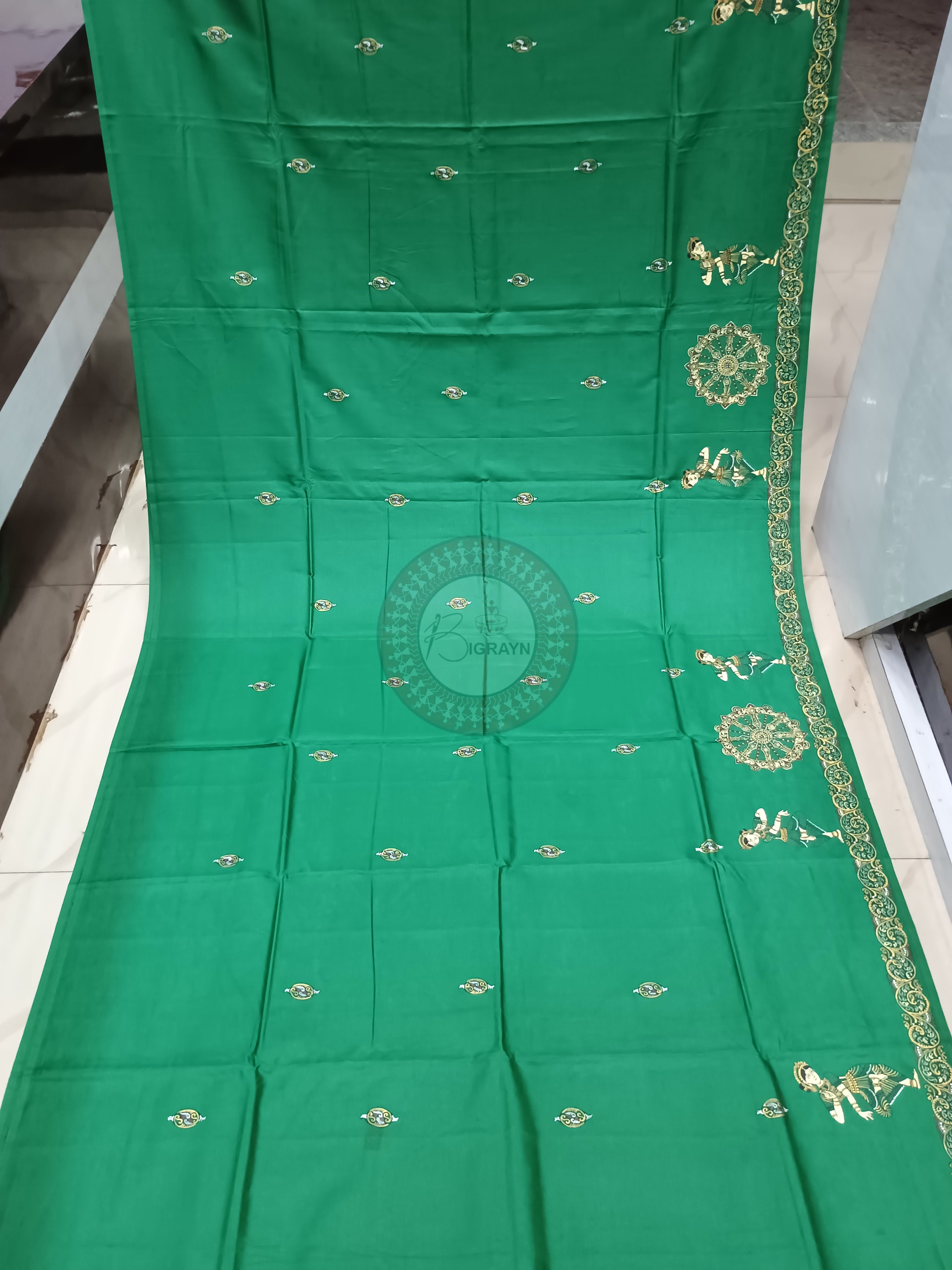 Green Konark Wheel Dancer Theme Pattachitra Khadi Silk Saree