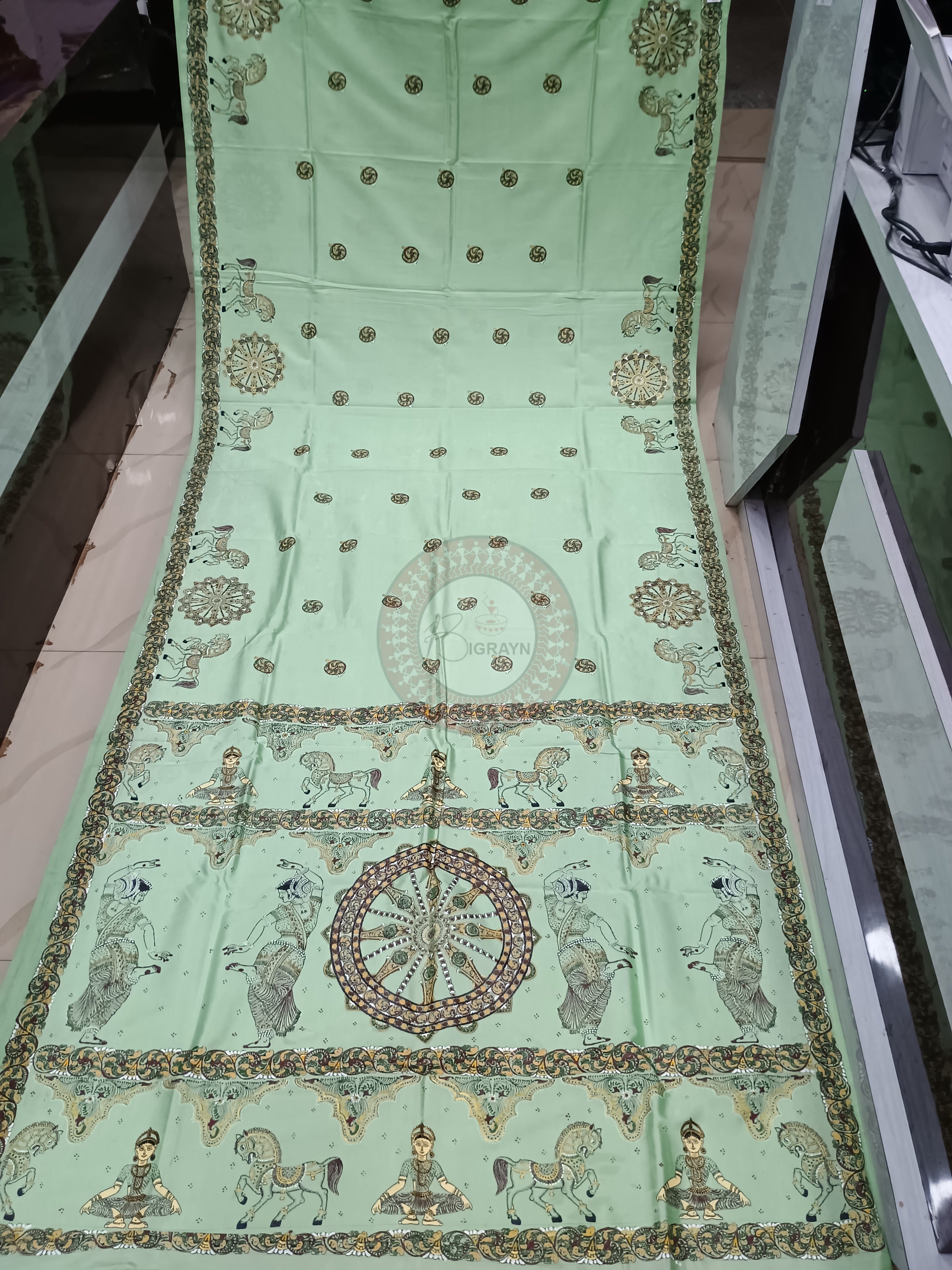 Pista Konark Wheel Theme Pattachitra Khadi Silk Saree