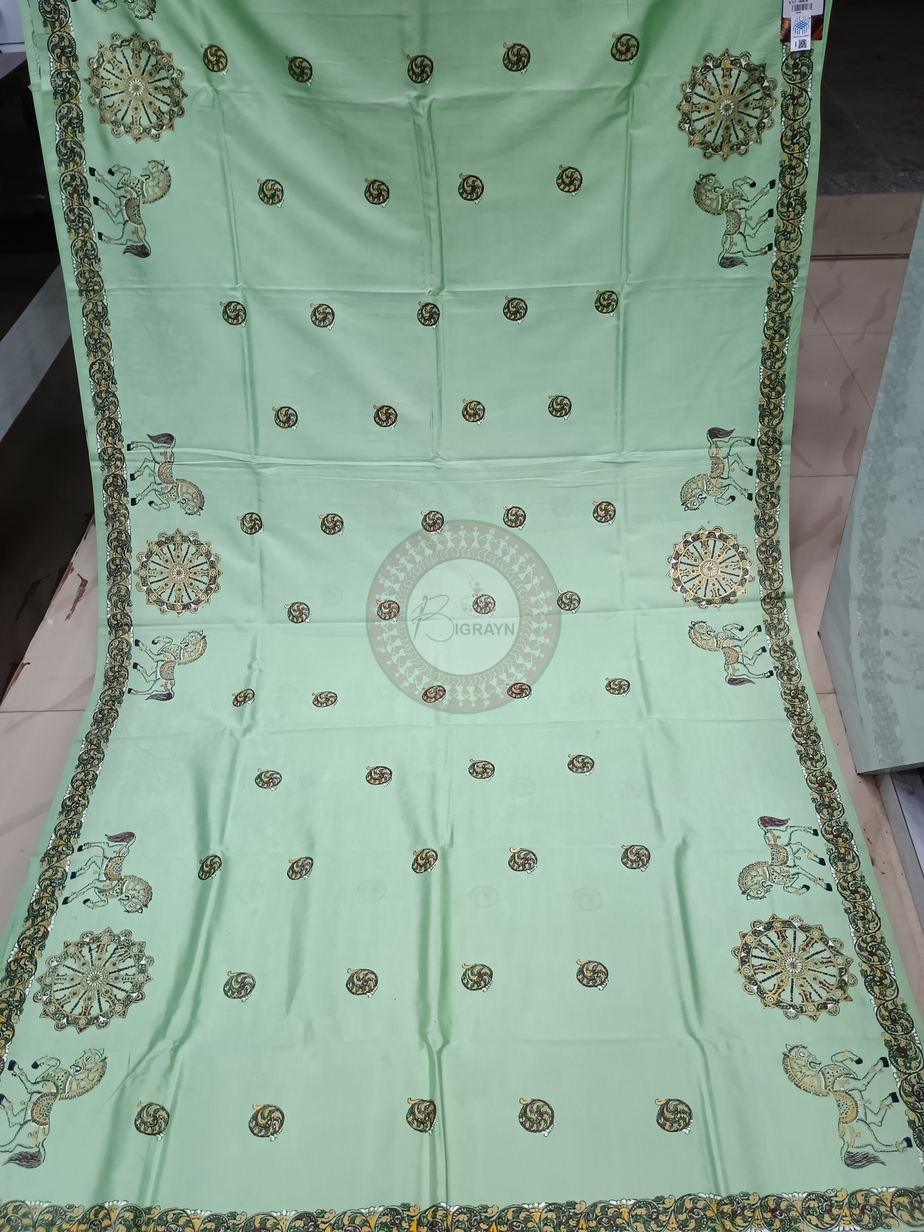 Pista Konark Wheel Theme Pattachitra Khadi Silk Saree