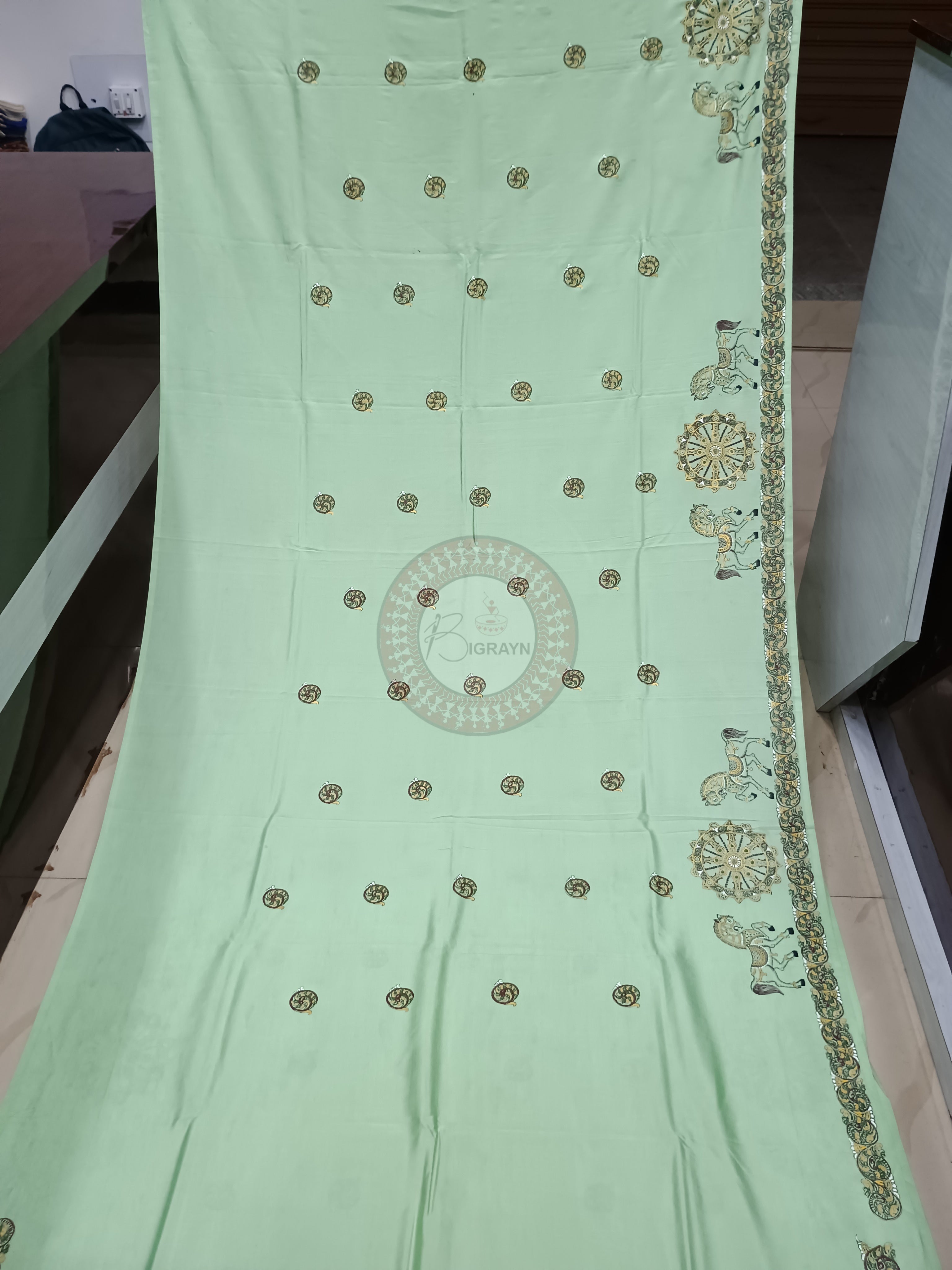 Pista Konark Wheel Theme Pattachitra Khadi Silk Saree